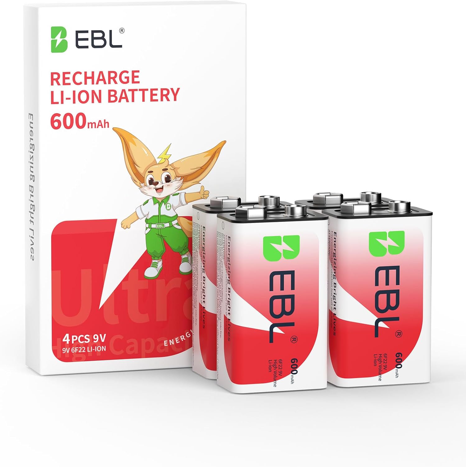 EBL Rechargeable 9V Batteries 9 Volt Li-ion 600mAh Lithium ion Batteries (4-Packs)
