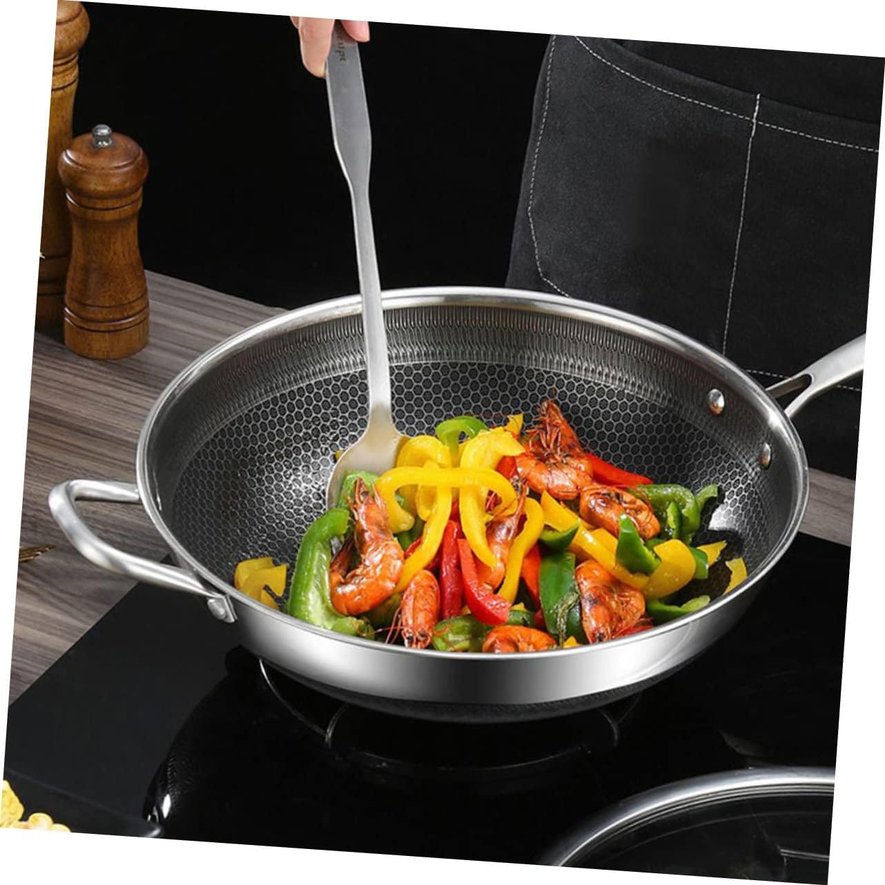 Zerodeko Double Handle Stainless Steel Wok Honeycomb Induction Frying Pan for Household Cooking Scratch-resistant Non-stick Design for Bbq Veggies Meat Eggs