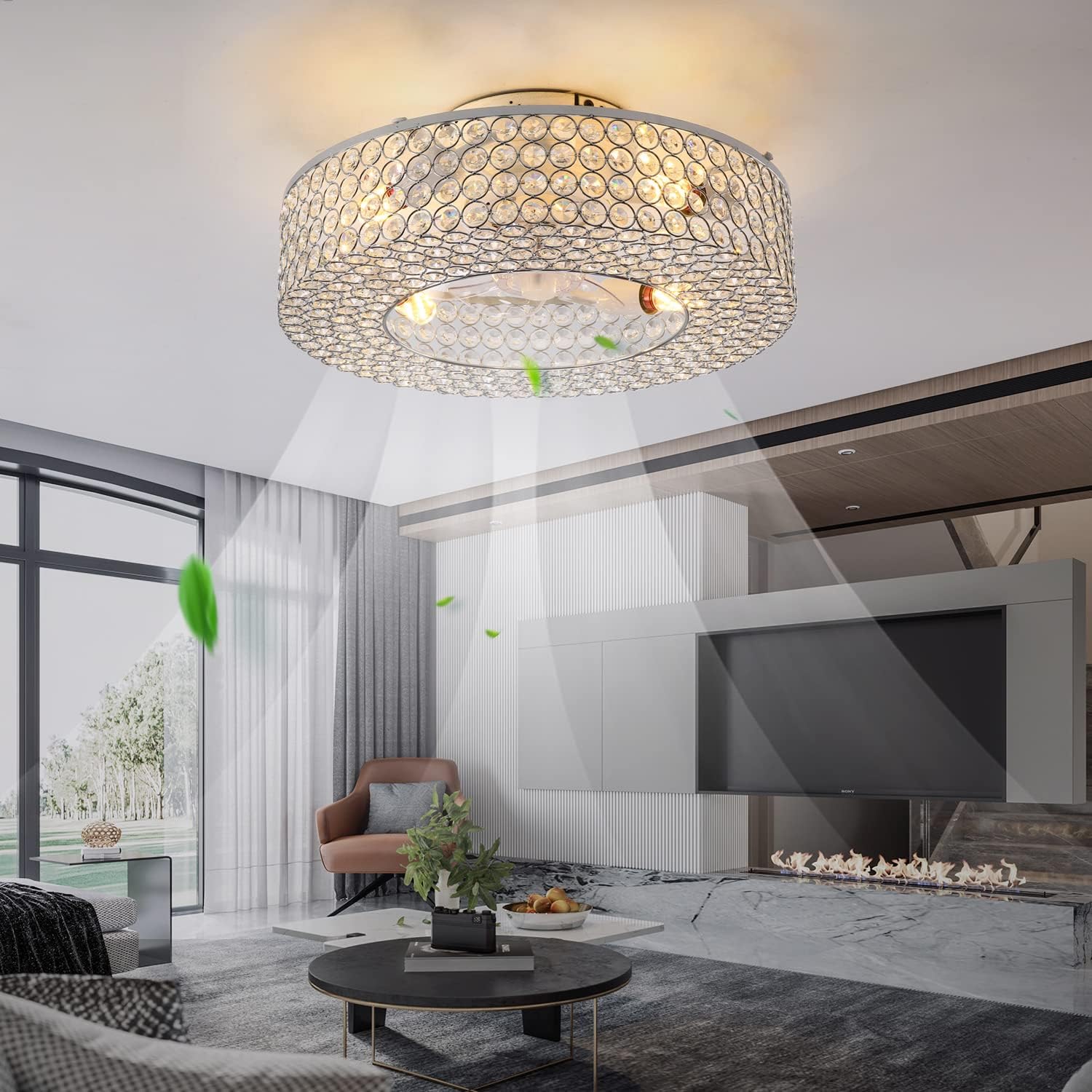 Modern Crystal Ceiling Fan with Light Remote Control, 19.6 Inch Enclosed Bedroom Fan with Lights, 6-Speed Quiet reversible motor, Flush Mount Fandelier for Low Ceiling, Living Room, Dining Room