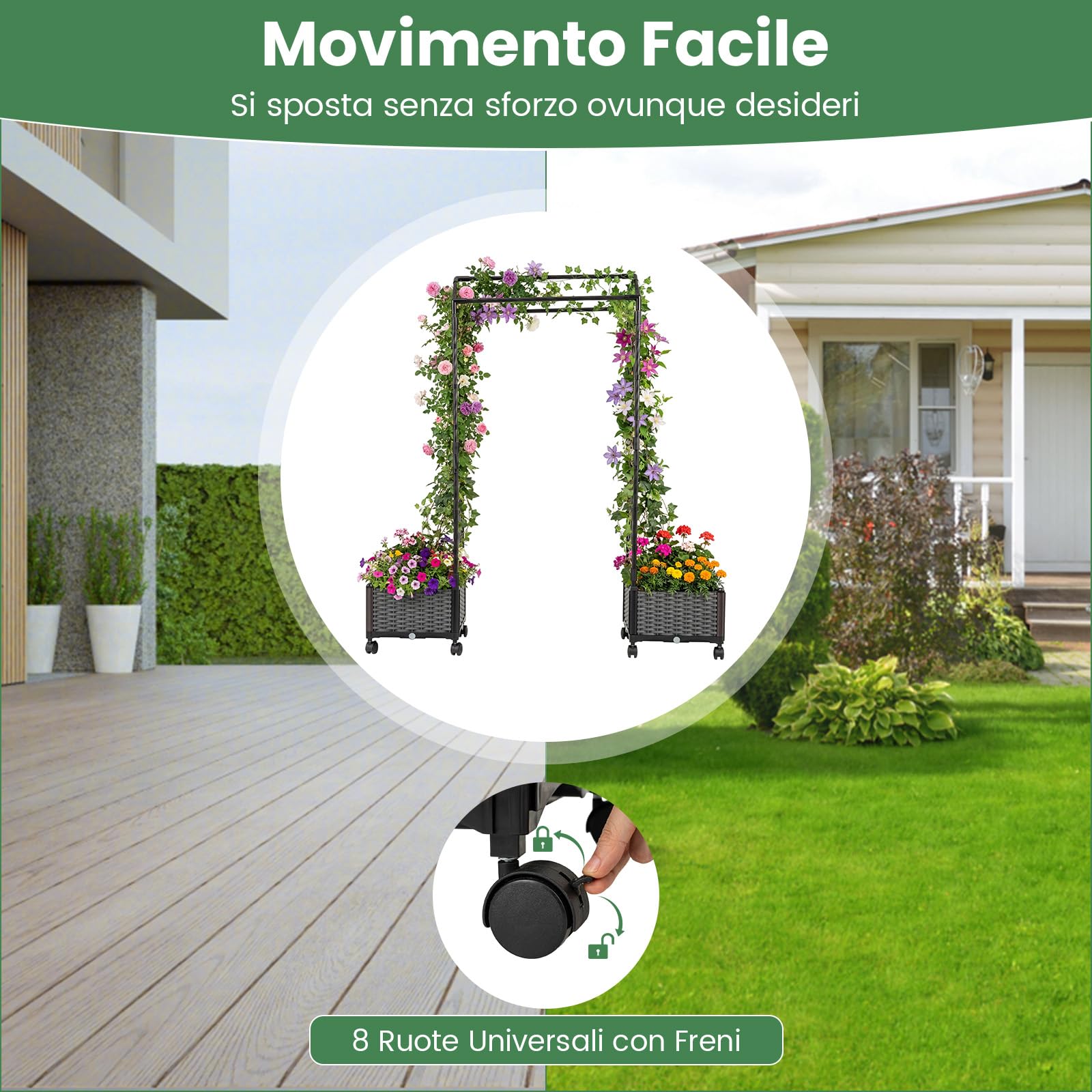 COSTWAY Fioriera Rialzata da Giardino con Grigliato, Tetto, Ruote Bloccabili e Irrigazione Automatica, Letto da Giardino Rialzato Alto in Rattan Impermeabile per Piante Rampicanti (Grigio)