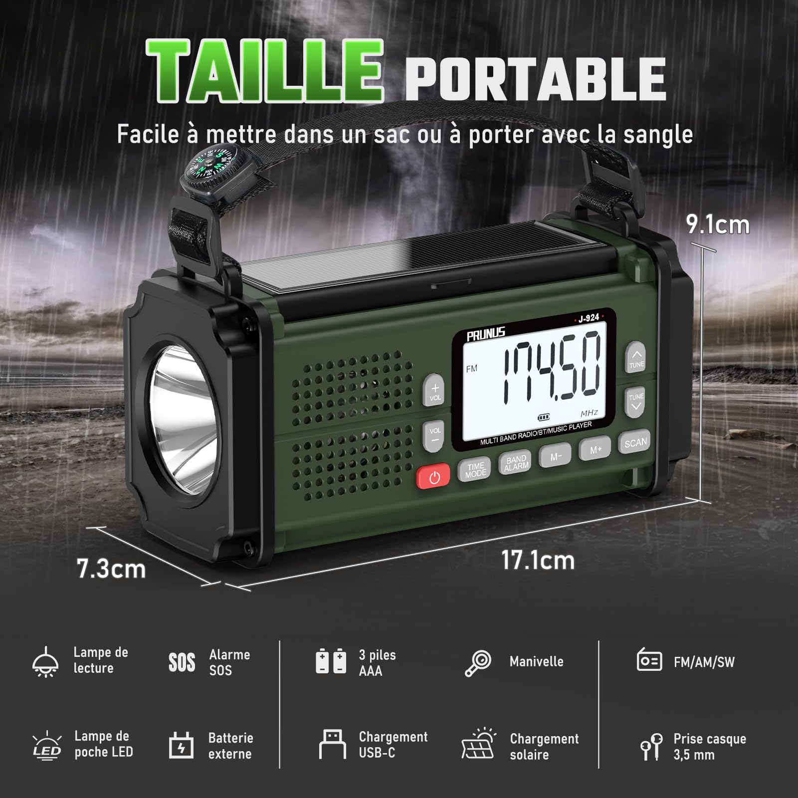 Radio Portable, PRUNUS J-924 Solaire Dynamo 10000mAh, Radio Survie avec Piles et Manivelle, Panneau Solaire, Réveil, Chargeur USB-C, Lampe de Poche et Lecture, Alarme SOS d'urgence