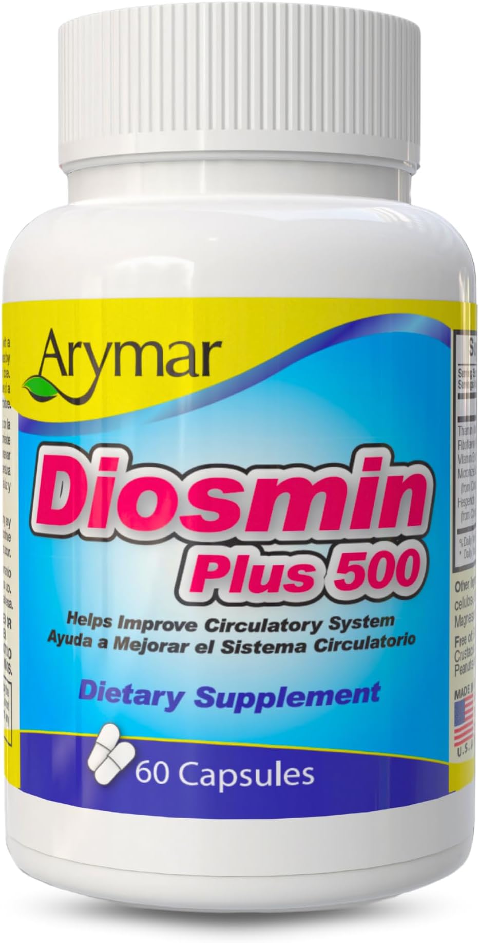 Arymar Diosmin 500mg with Vitamin B-Complex: Circulatory Formula for Leg Vein Integrity and Normal Blood Flow, Vascular Health and Microcirculation, 60 Capsules