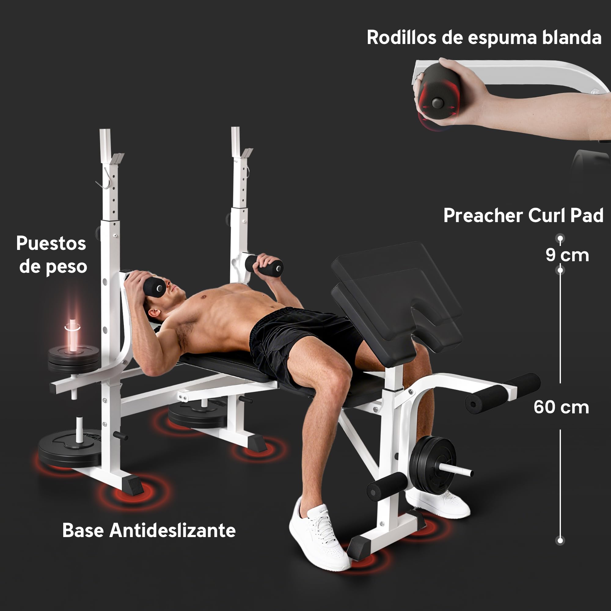HOMCOM Banco de Musculación Multifuncional Inclinable, Banco de Pesas, Press Banca con Soporte para Barra Ajustable, Extensión de Piernas, Curl de Predicador, Mariposa, Entrenamiento en Casa, Gimnasio