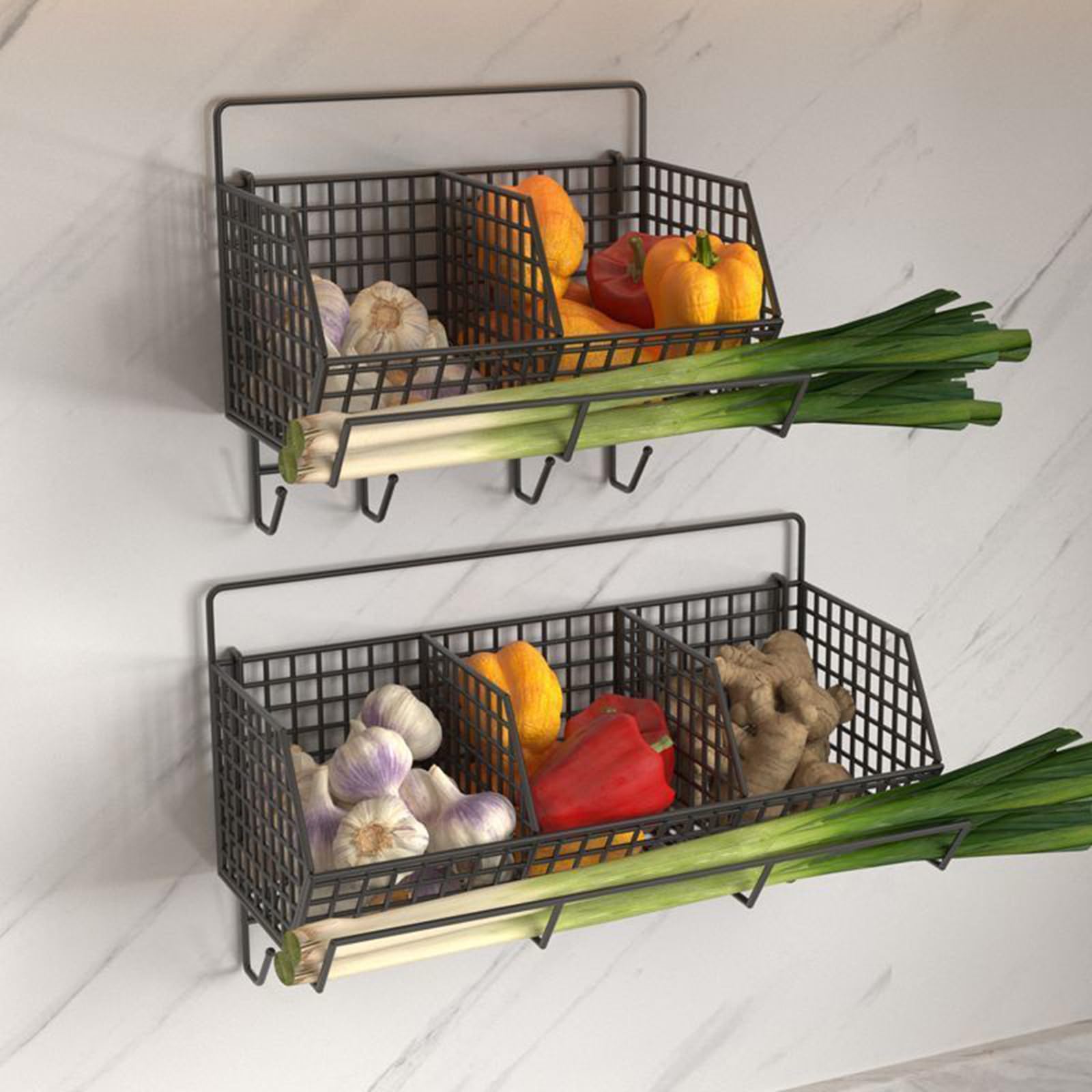 Cesto sospeso in metallo a 3 livelli, salvaspazio, per frutta, verdura e oggetti essenziali per il bagno, cestini rimovibili per organizzare la cucina ed elegante decorazione per la casa