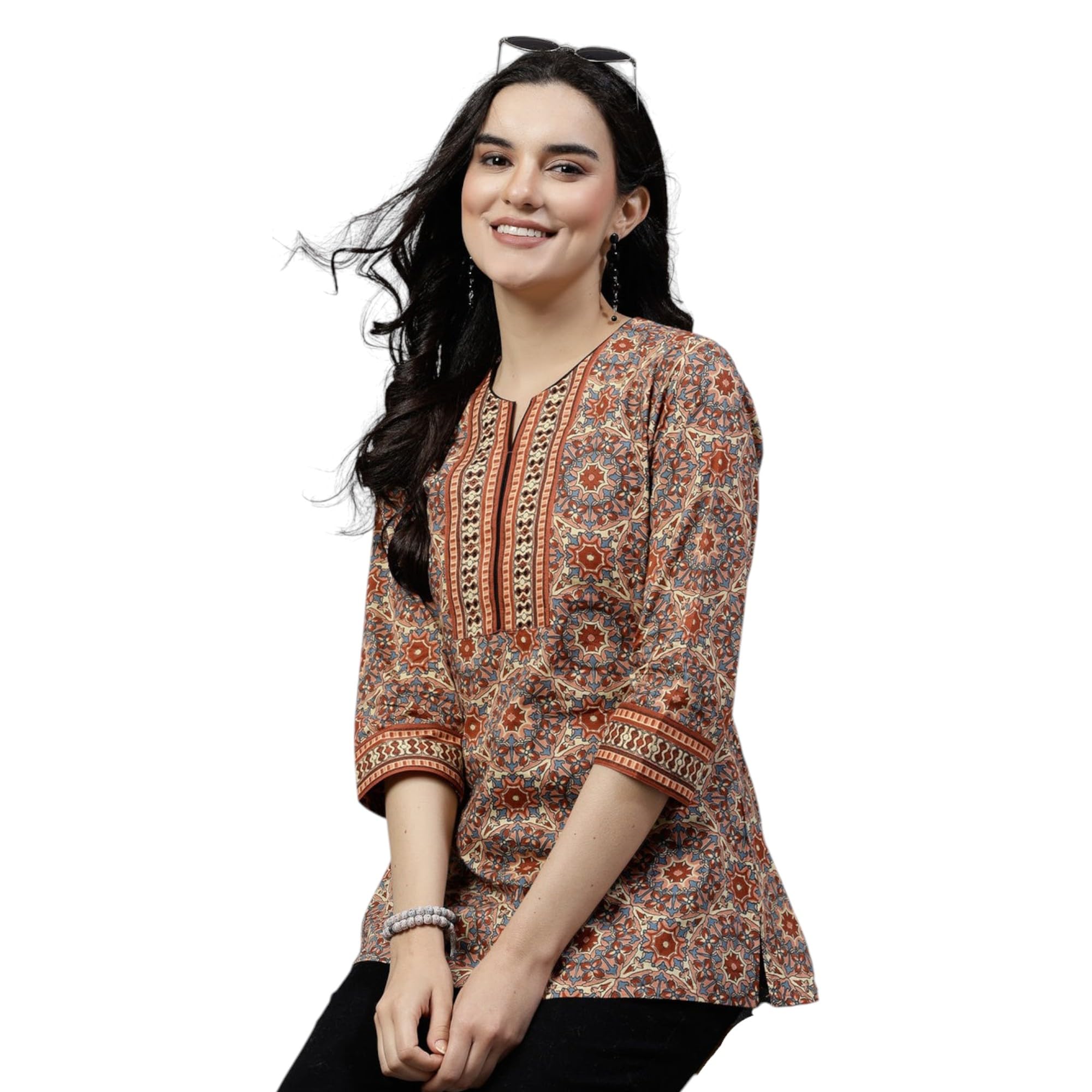 Women's Ethnic Printed Rayon Short Kurta | Stylish Round Neck V-Slit Straight Kurti | Comfortable, Office & Casual Kurta for Jeans, Leggings & Trousers-picture-47