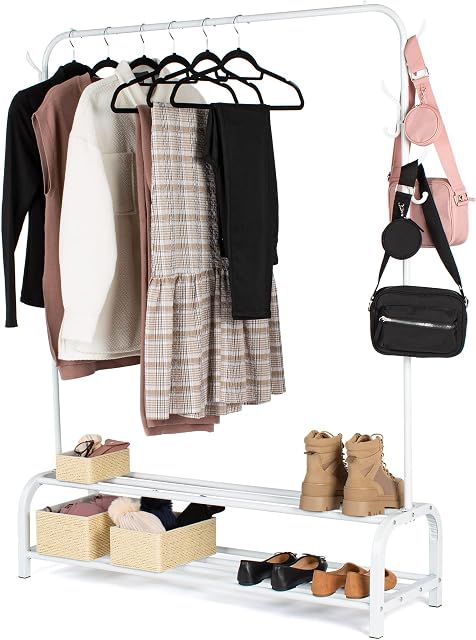 LIVIVO Freestanding Clothes Rail Garment Rack With Two Tier Shoe Shelf And Hooks Heavy Duty Hanger Display Clothes Drying Rack Matte Finish (White)
