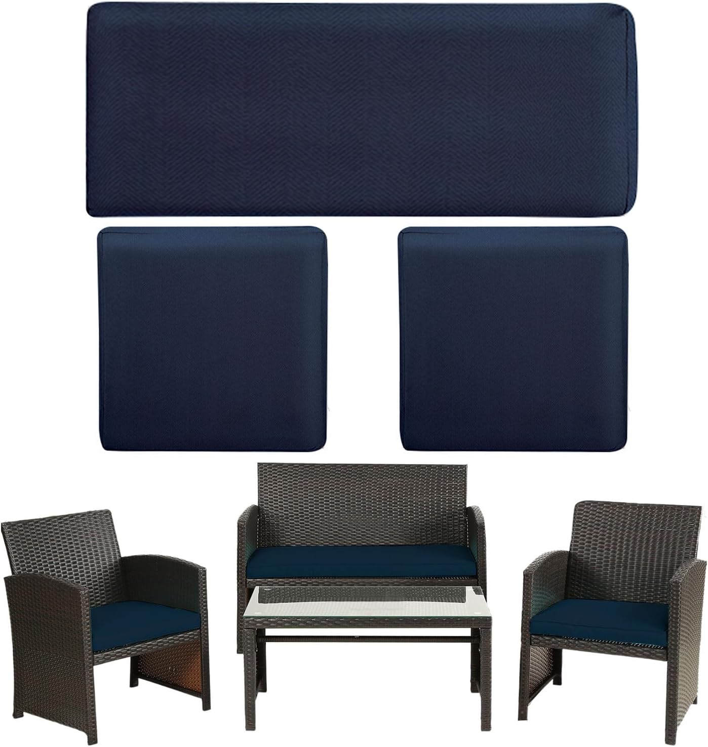 3 Pack Outdoor Patio Furniture Cushion Covers,Waterproof Replacement Loveseat Covers- 42×18×2,19×19×2 Fit 4-Piece Wicker Rattan Sofa, Loveseat & Chairs, Cover Only (Navy Blue)