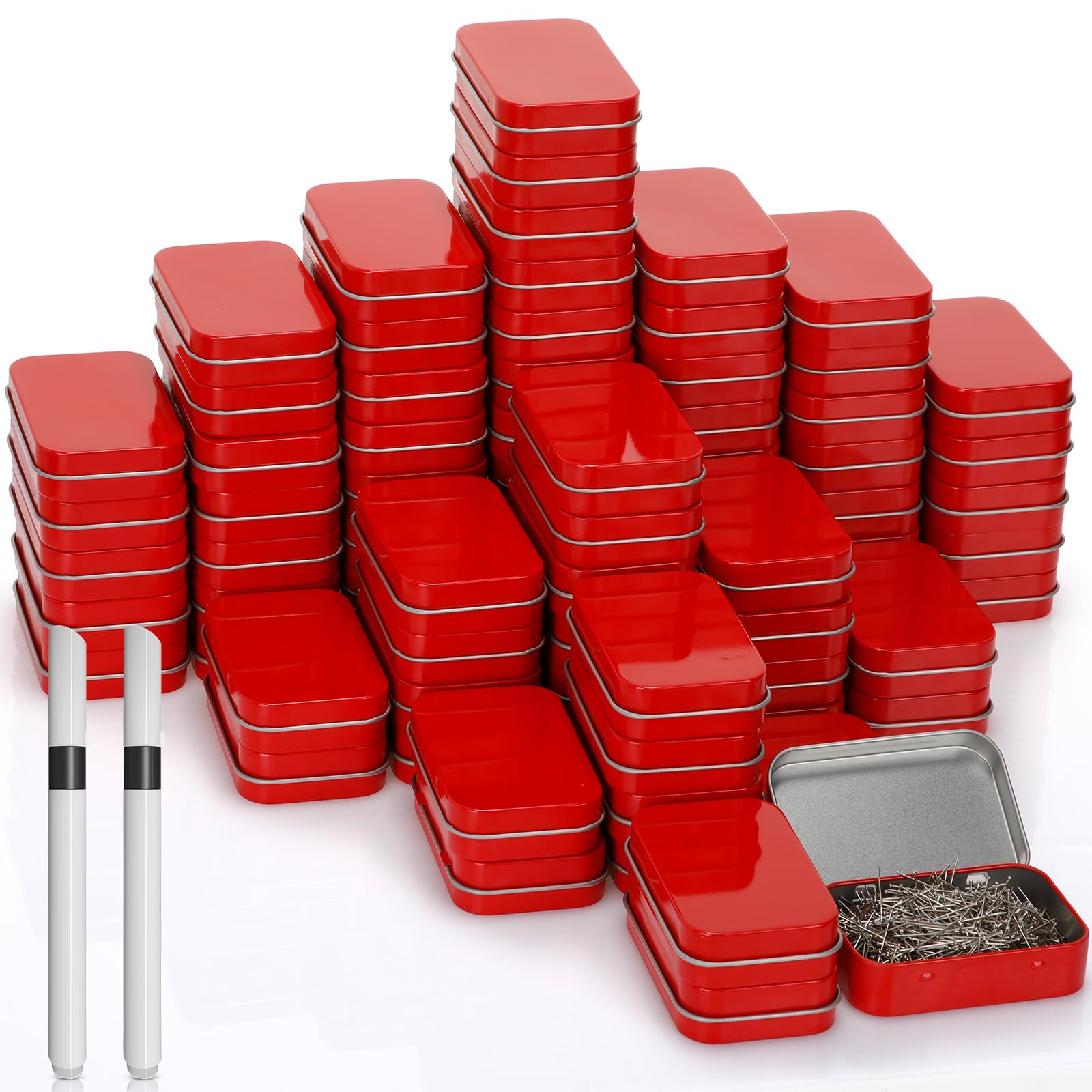 meekoo 162 Pcs Metal Small Tins with Lids Empty Rectangular Hinged Tins Storage Container Kit Includes 80 Tin Box 3.7 x 2.4 x 0.8 Home Organizers with Lid 80 Adhesive Tags 2 Black Pen(Red)