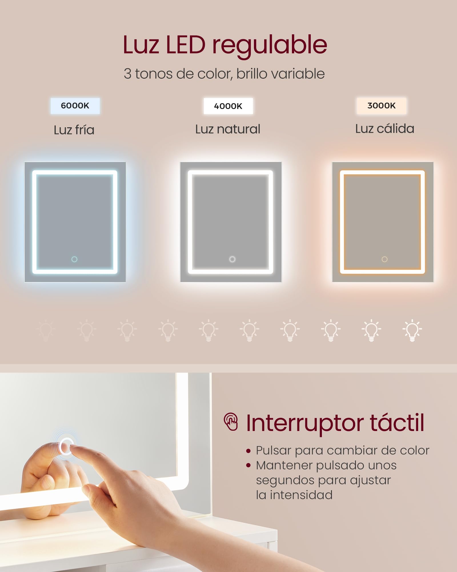 VASAGLE Kailyn Colección - Tocador con Espejo LED, con Regleta de Enchufes, Gabinete con 2 Estantes Ajustables, 1 Cajón, 2 Estantes Abiertos, Estilo Moderno, Blanco RDT138W01