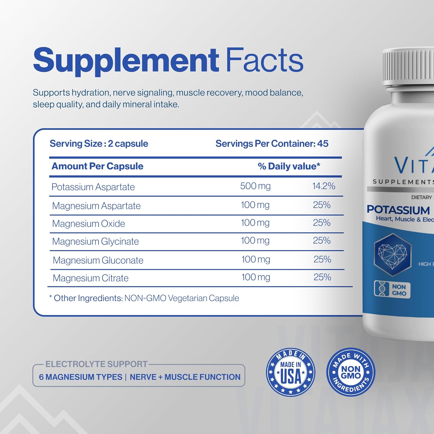 Potassium Magnesium Supplement 1000mg | 90 Capsules | Magnesium and Potassium Supplement for Heart, Leg Cramp, Muscle & Electrolyte Balance Support | Gluten Free, Non-GMO | 3-Month Supply - Image 4