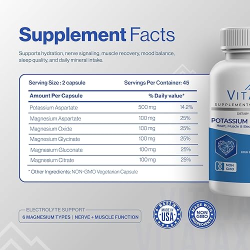 Miniatura 4 de Suplemento de potasio y magnesio 1000 mg  90 cápsulas  Suplemento de magnesio y potasio para corazón, calambres en las piernas, músculos