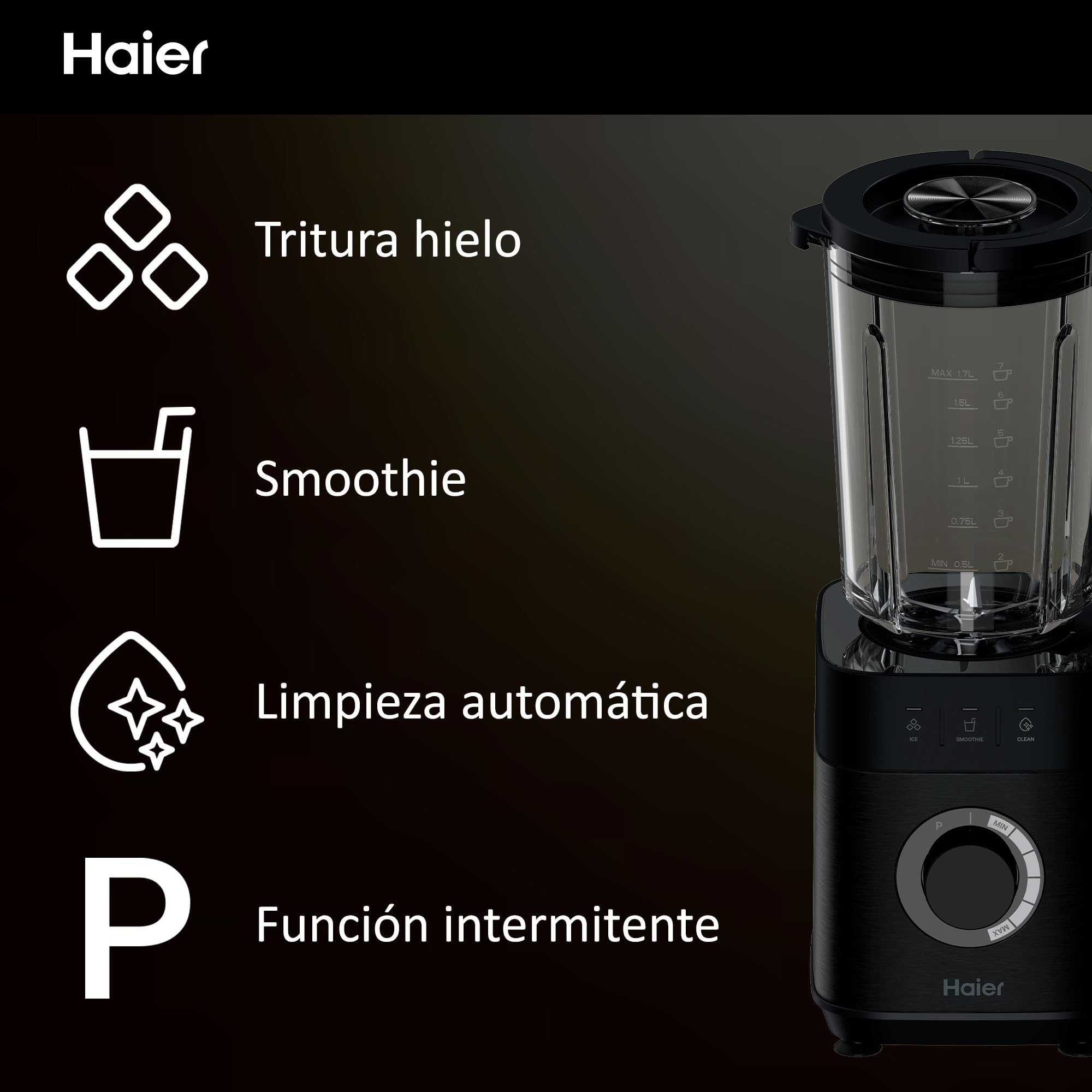 HAIER Batidora de Vaso con Triturador de Hielo, Batidora Smoothies, 5 Velocidades Variables, Limpieza Automática, Jarra de Vidrio de 1.7L, Jarra Portátil de 0.6L, 1200W [I-Master Series 5]