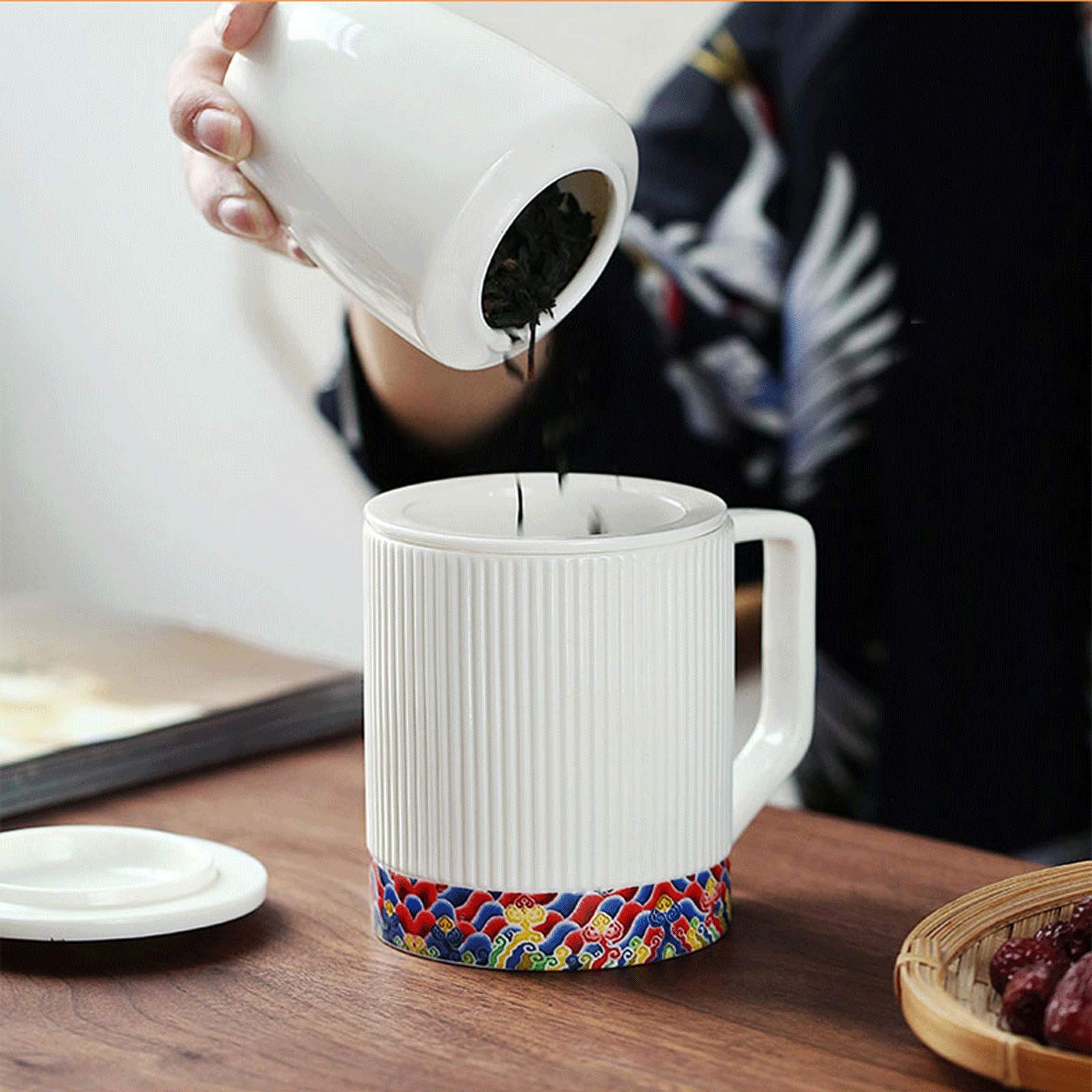 Tasse Keramikbecher mit Teetrenner 400 ml Wasserbecher mit Deckel Verbrühungsschutz Griff Exquisit für Weihnachten, Valentinstag und Muttertag Kaffeetasse (Farbe: Blau)
