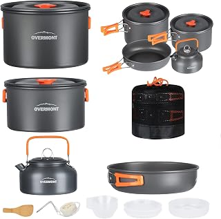 Overmont 14pc 16pc Camping Cookware Mess Kit, Portable Camping Cooking Set for Backpacking, Outdoor Hiking and Picnic Pot Pan Folding Spork Knife Spoon Kit (3.4, Large(for 3-5 PPL))