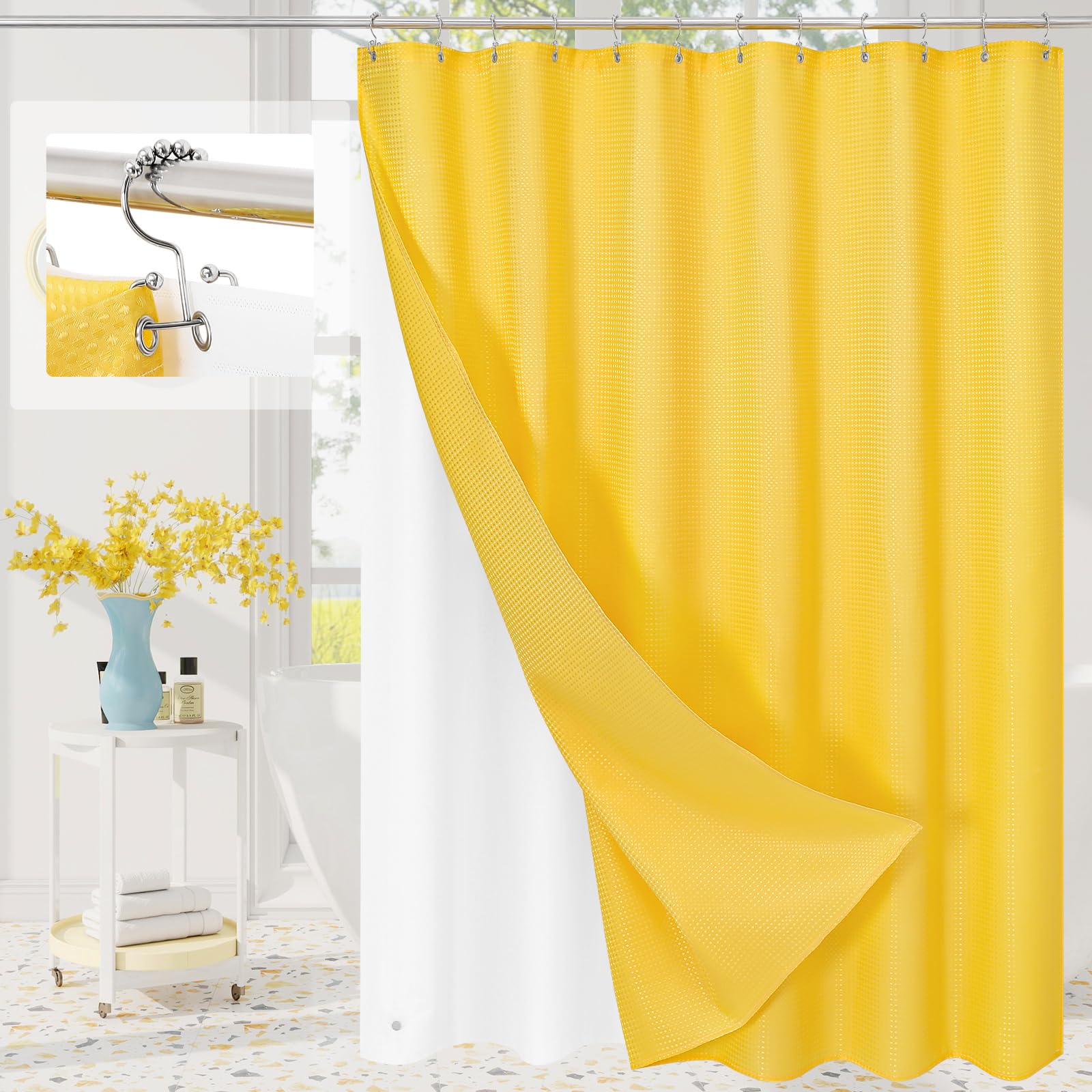 Craidlela 3 in 1 Shower Curtain Set, Yellow Waffle Shower Curtain and PEVA Liner Set with 12 Stainless Steel Shower Curtain Hooks, Waterproof Shower Curtains for Bathroom, 72 W x 72 H
