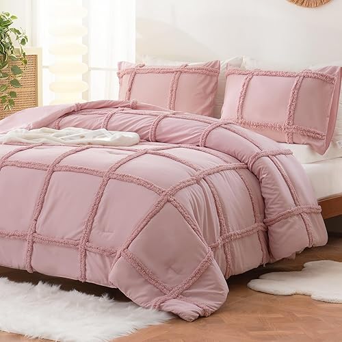 Miniatura 6 de Juego de edredón rosa tamaño Queen, juego de ropa de cama bohemio de chenilla copetuda, ropa de cama bohemia estilo granja Shabby Chic rosa para