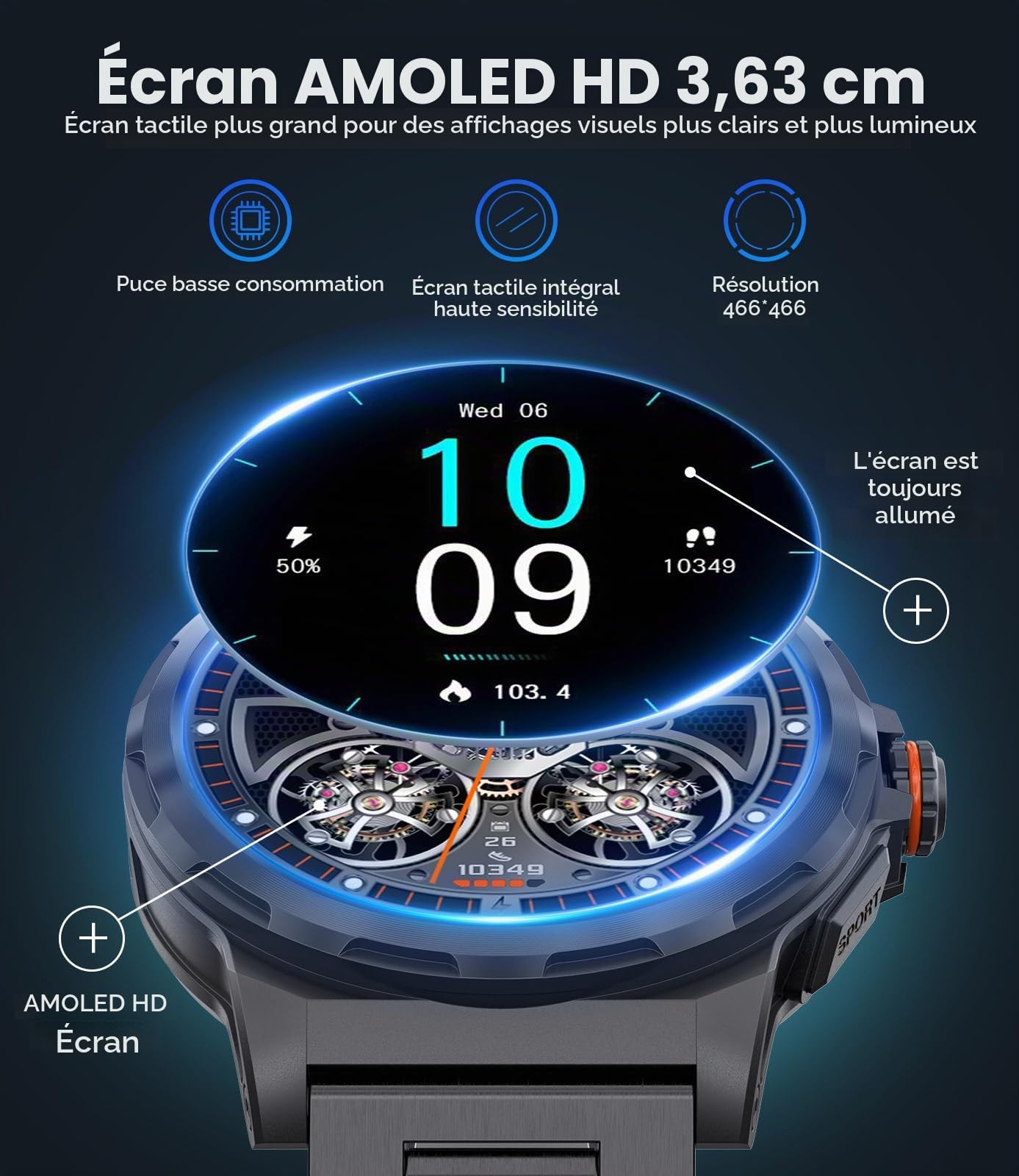 LIGE Montre Connectée Homme 1.43" AMOLED, Bluetooth, 120+ Sport, IP68 | Écran HD AMOLED, 360mAh Batterie Autonomie Prolongée, Bluetooth Appels, Notifications, Suivi Santé, pour iOS/Android