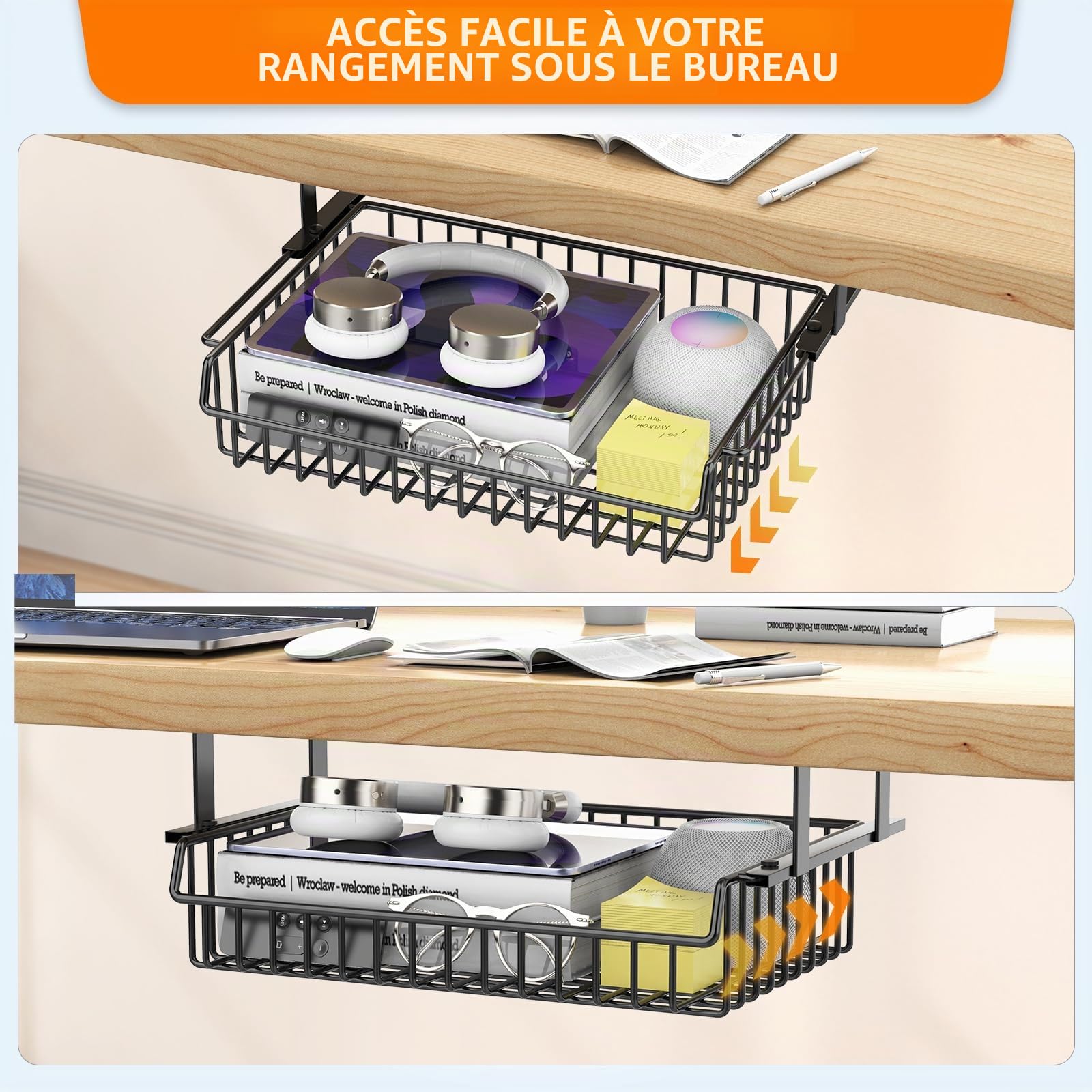 ENONCI Tiroir sous le bureau, Métal Sous le tiroir de la table Organisateur de grande capacité pour le bureau à la maison école, Noir
