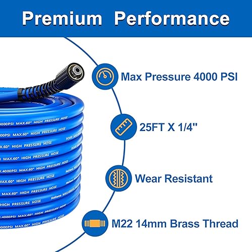 Miniatura 2 de Manguera flexible de lavadora a presión de 25 pies x 14 pulgadas  Resistente a las torceduras  Máximo 4000 PSI  Accesorios universales M22  Manguera