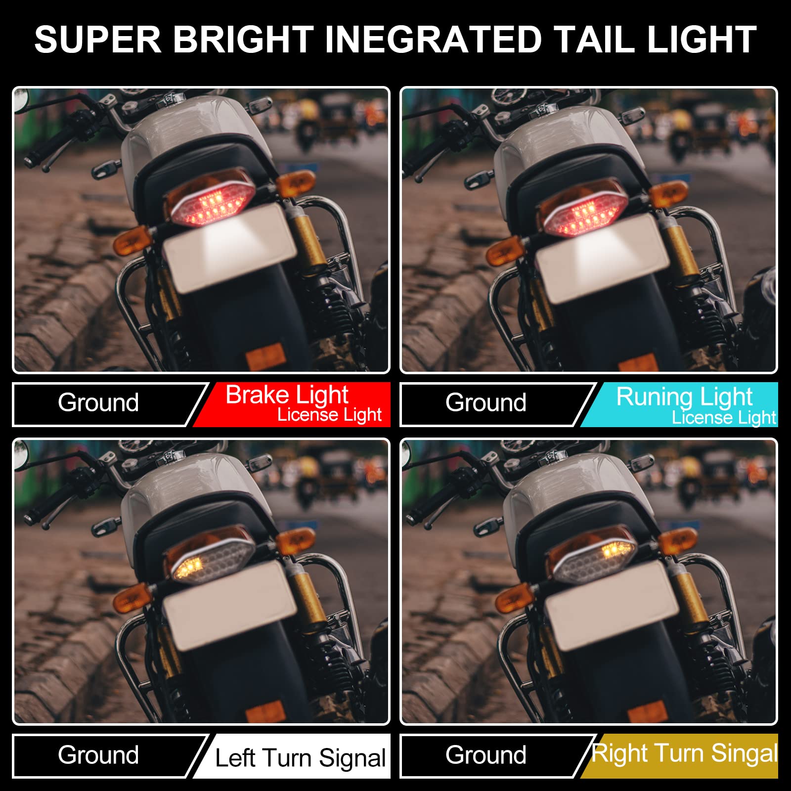 Feu Arrière Moto 16 LED Universel - Frein, Clignotants, Plaque - 12V - Pour Custom, Cruiser, VTT