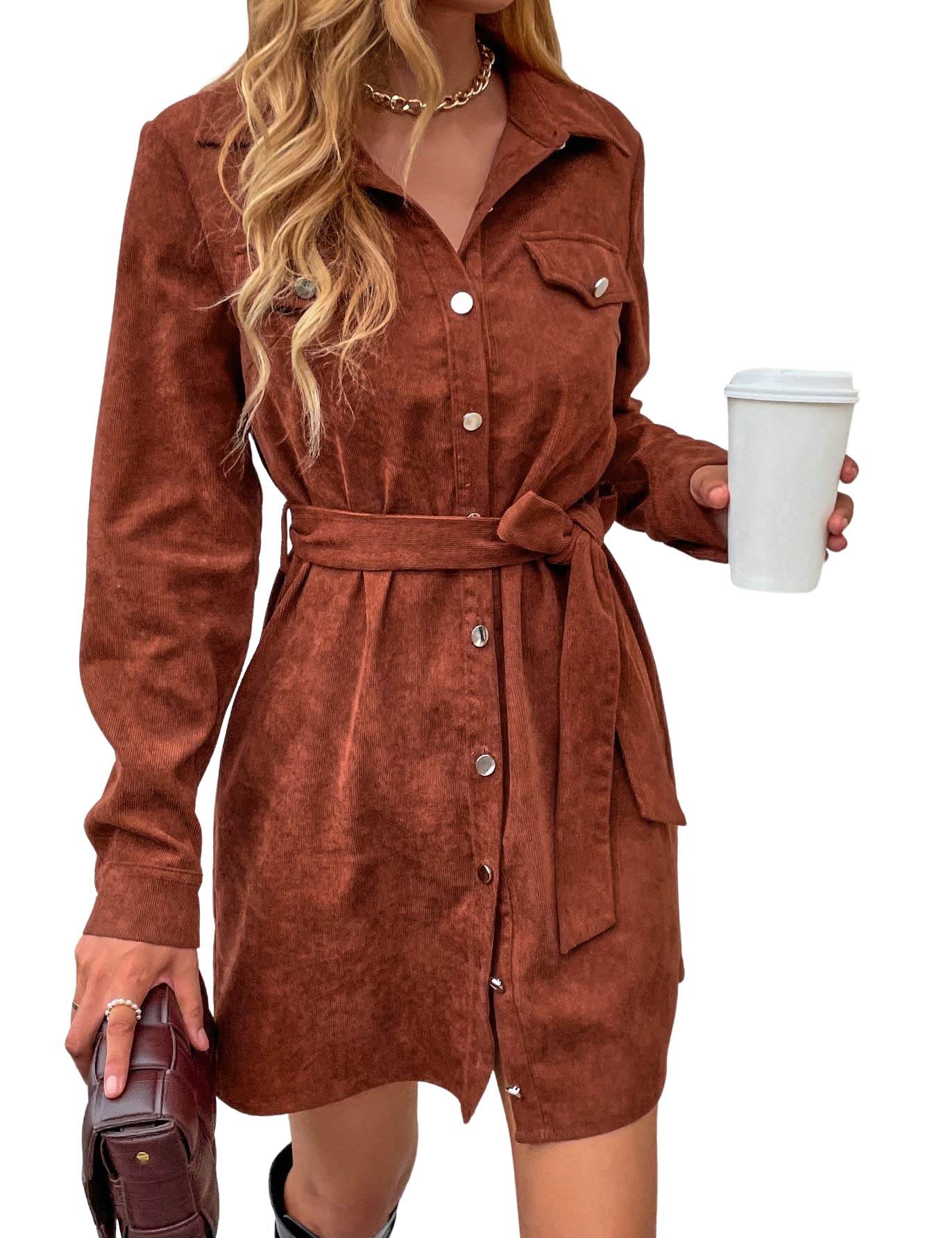 Womens Corduroy Button Up Belted Collar Long Sleeve Shirt Dress