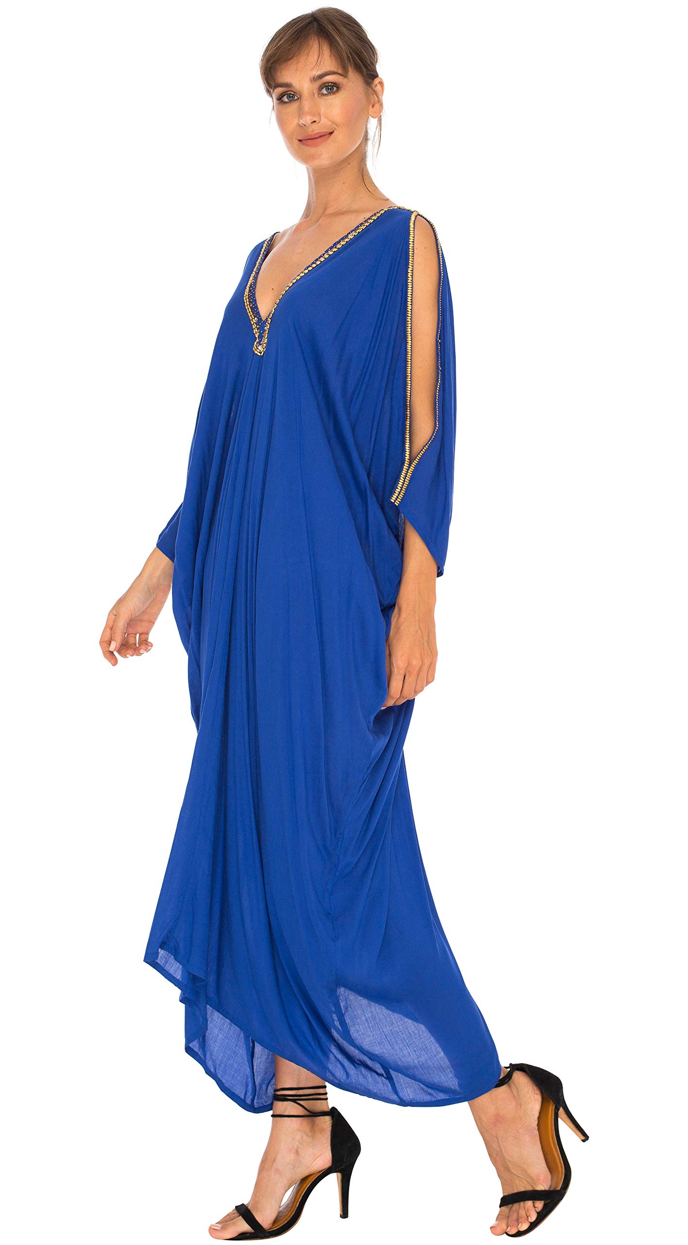 SHU-SHI - Maxi Abito/Caffetano da Spiaggia - Scollo a V e Maniche con Aperture Laterali - Dettagli Dorati - Donna