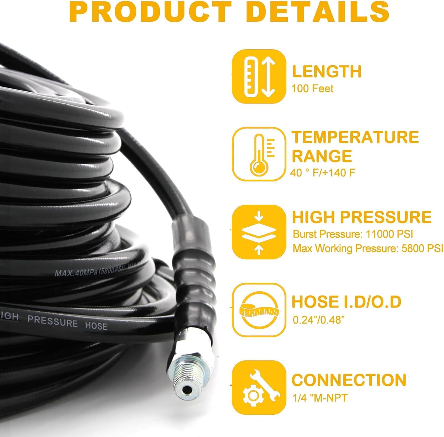 Sewer Jetter Kit for Pressure Washer-100 ft Jetter Hose, Drain Cleaning Hose,1/4 Inch NPT, Corner, Rotating and Button Nose Sewer Jetting Nozzle, 5800 PSI