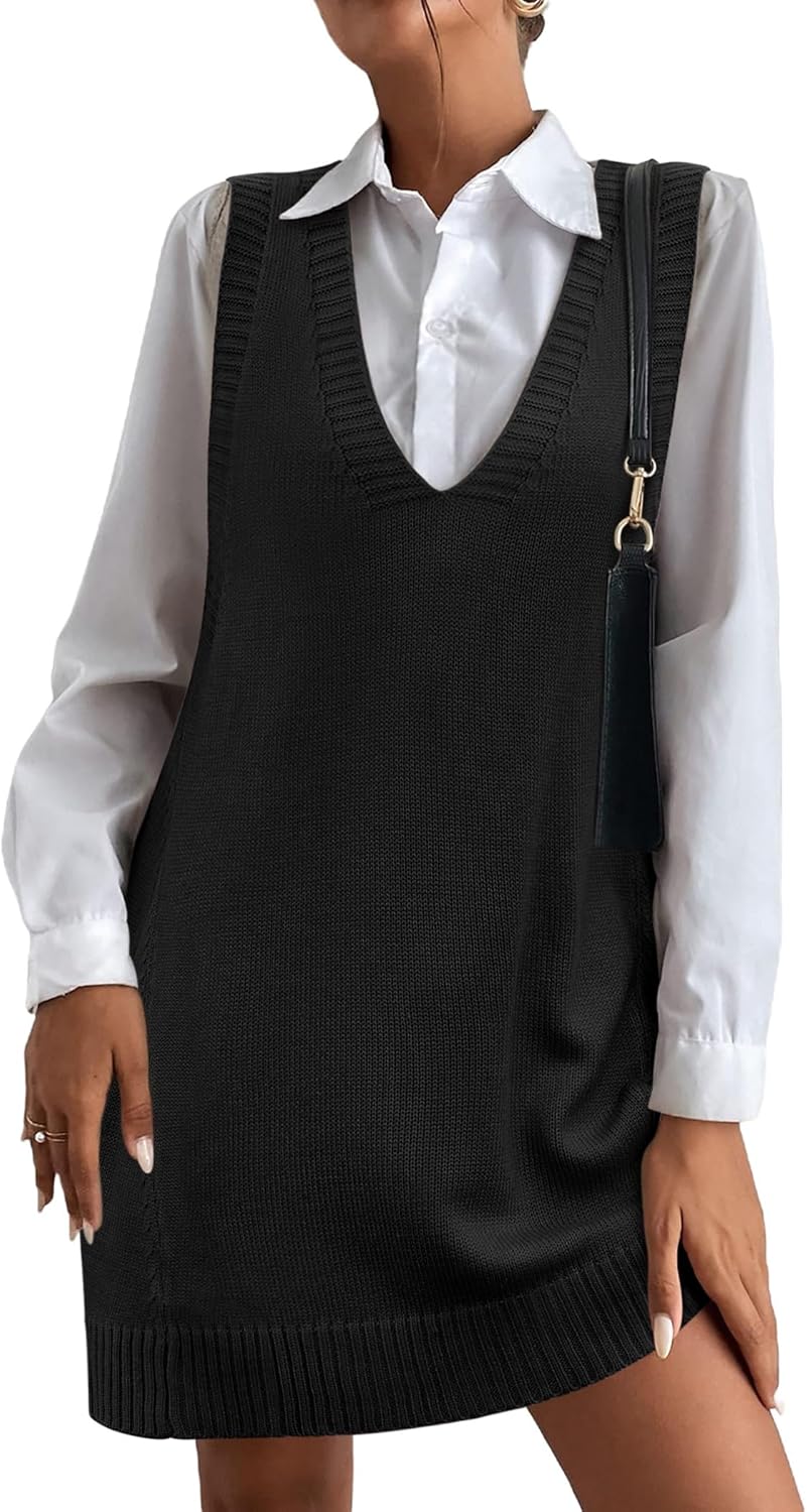 HOTOUCH Women Sweater Vest Oversized V Neck Sleeveless Knit Pullover Ribbed Vest Dress with Pockets