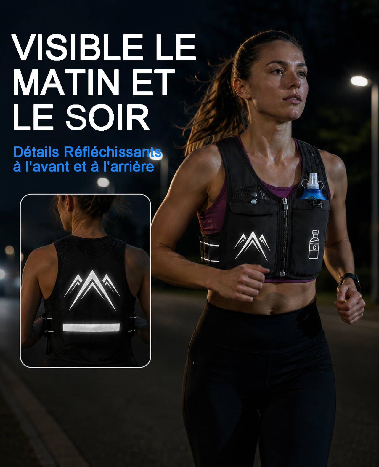Gilet Hydratation Running Femme Homme, Gourde Souple 470ml, Sac Hydratation Running Femme, Gilet Course a Pied Léger, Ajustable, Réfléchissant Sac Trail pour Randonnée Marathon, Noir