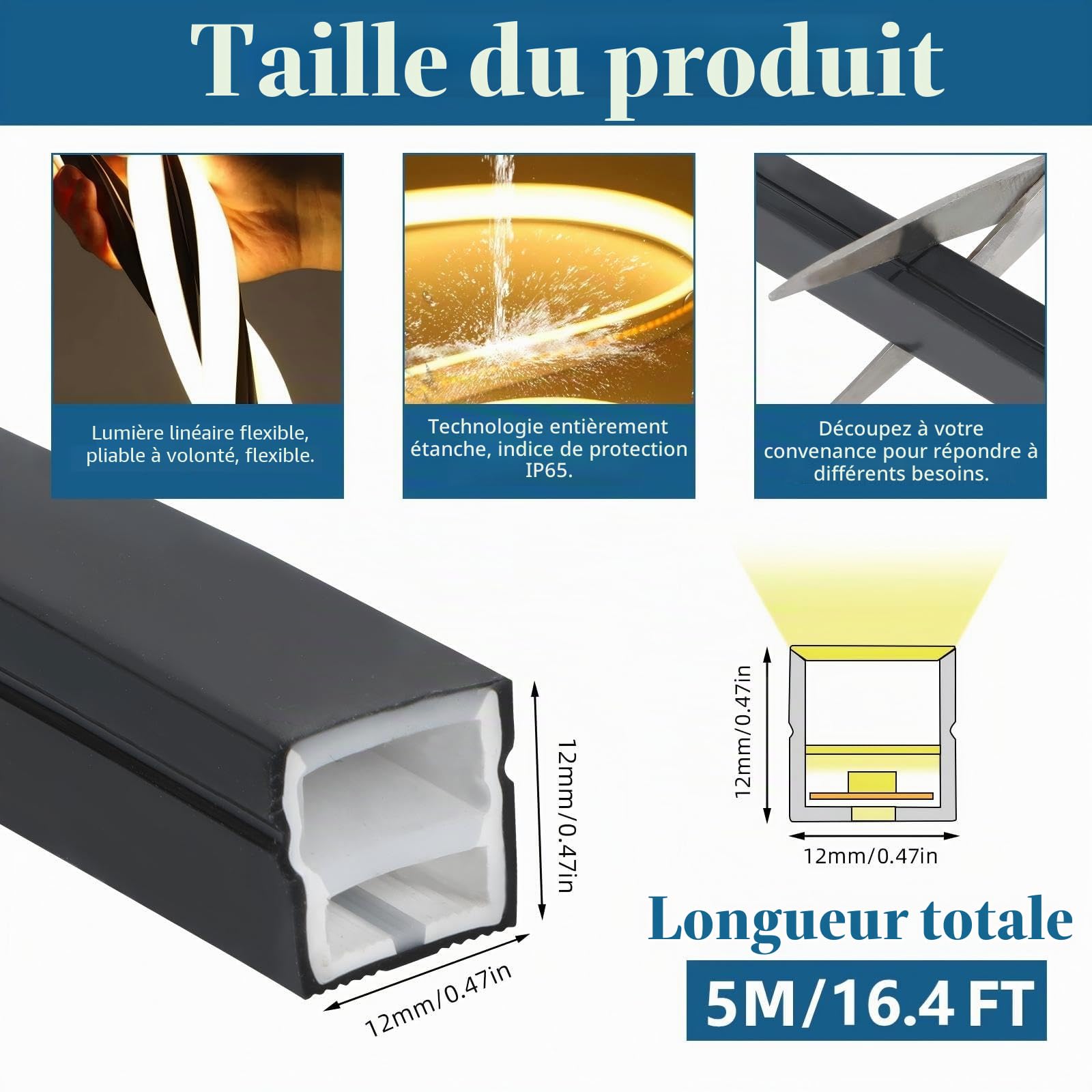 Profil LED en silicone flexible, 5m 12x12mm Rail LED pour panneaux acoustiques de 8mm, Bande LED, IP65 Étanche, Diffuseur de canal LED pour plafond, placard, bar, éclairage de panneaux