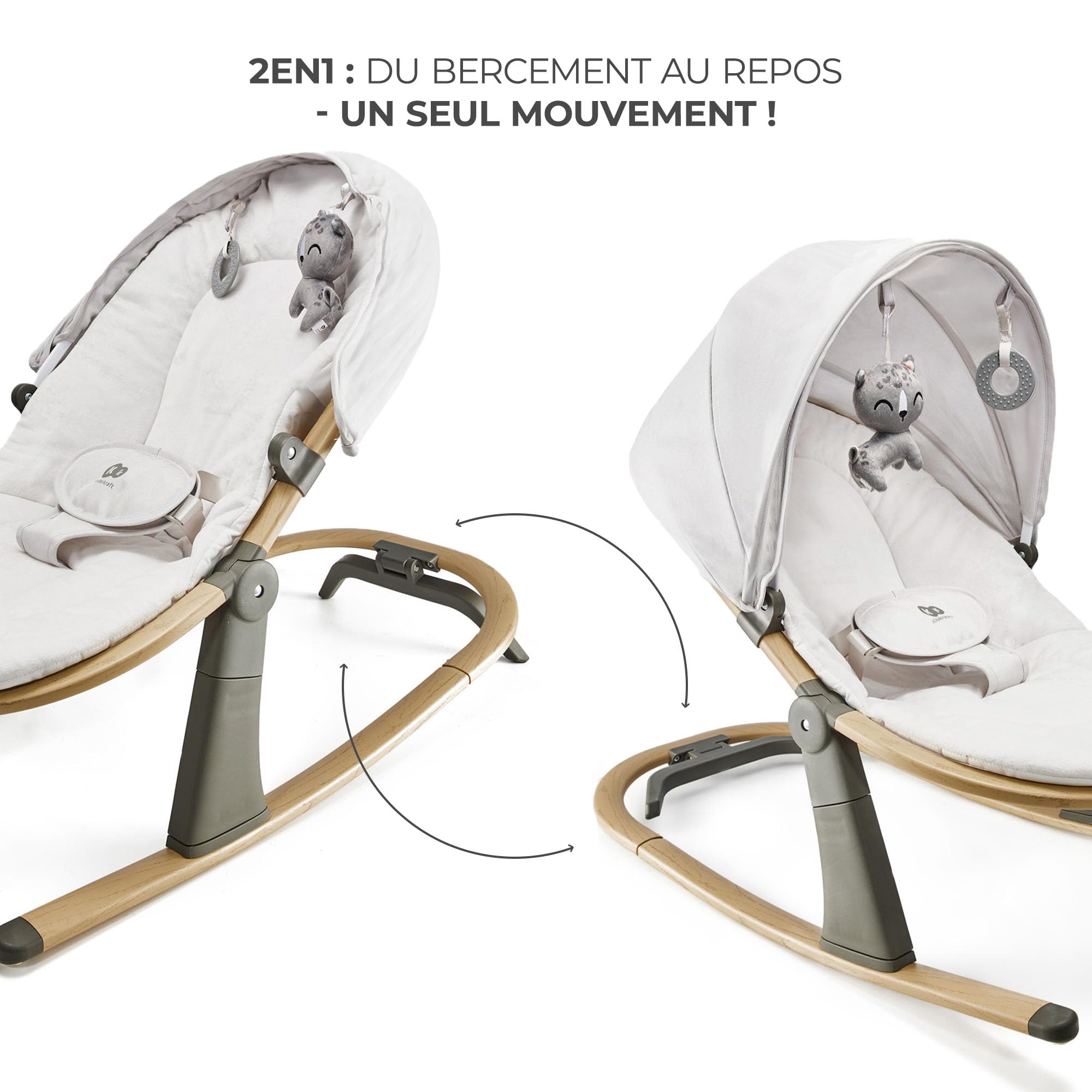 Kinderkraft ELSU Transat Bébé 2en1 evolutif, 0-9kg, Balancelle dès la naissance, Moustiquaire, Avec 2 jouets, Légère et pliable, Harnais de Sécurité, Gris