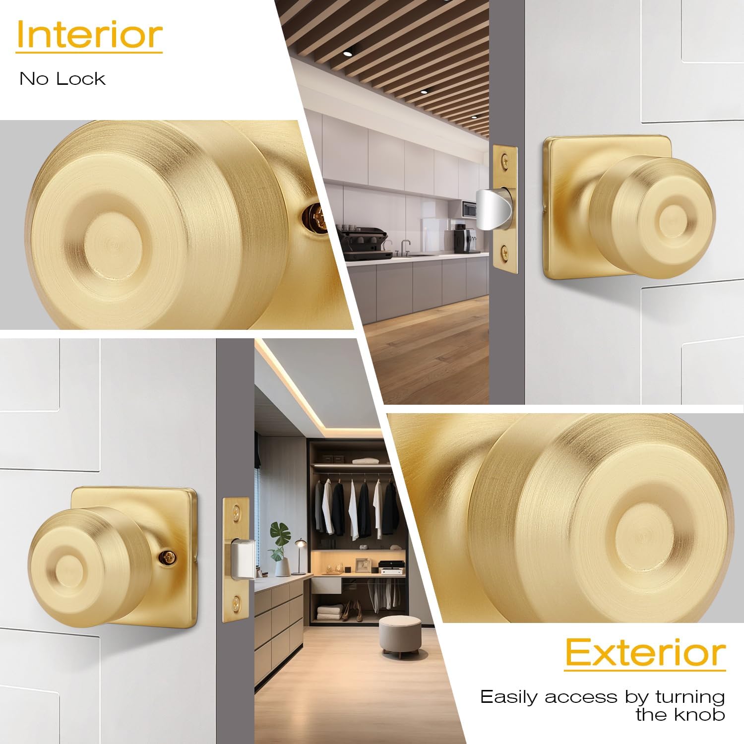 EHOMEWARE 3 Pack Brushed Gold Door Knobs, Hallway/Closet Door Handle, No Lock Door Knob, Passage Door Handle Without Key, Satin Brass Finish, Round Door Lever for Left Right Sided Doors