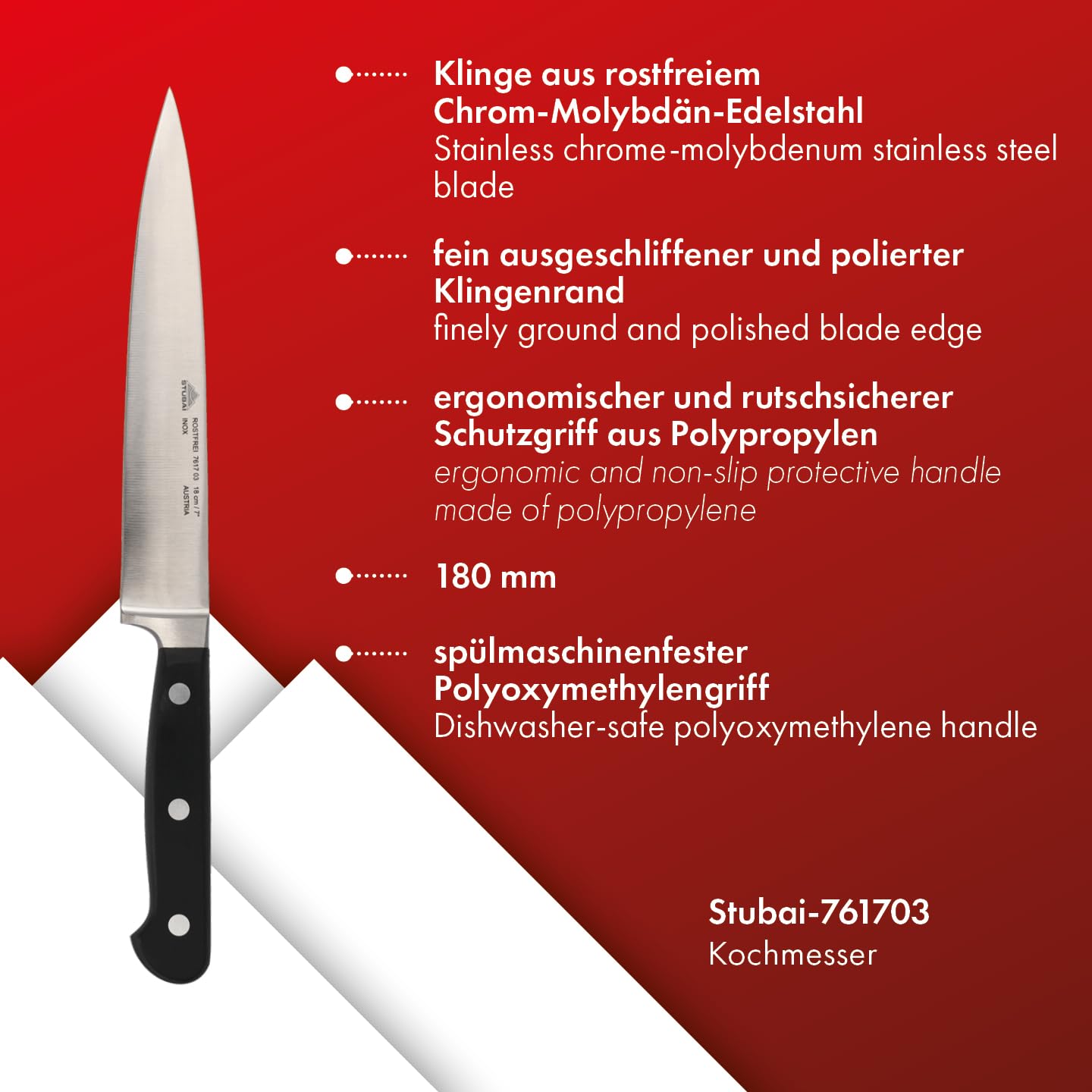 Stubai 761703 Kochmesser schmal rostfrei, geschmit, 180 mm