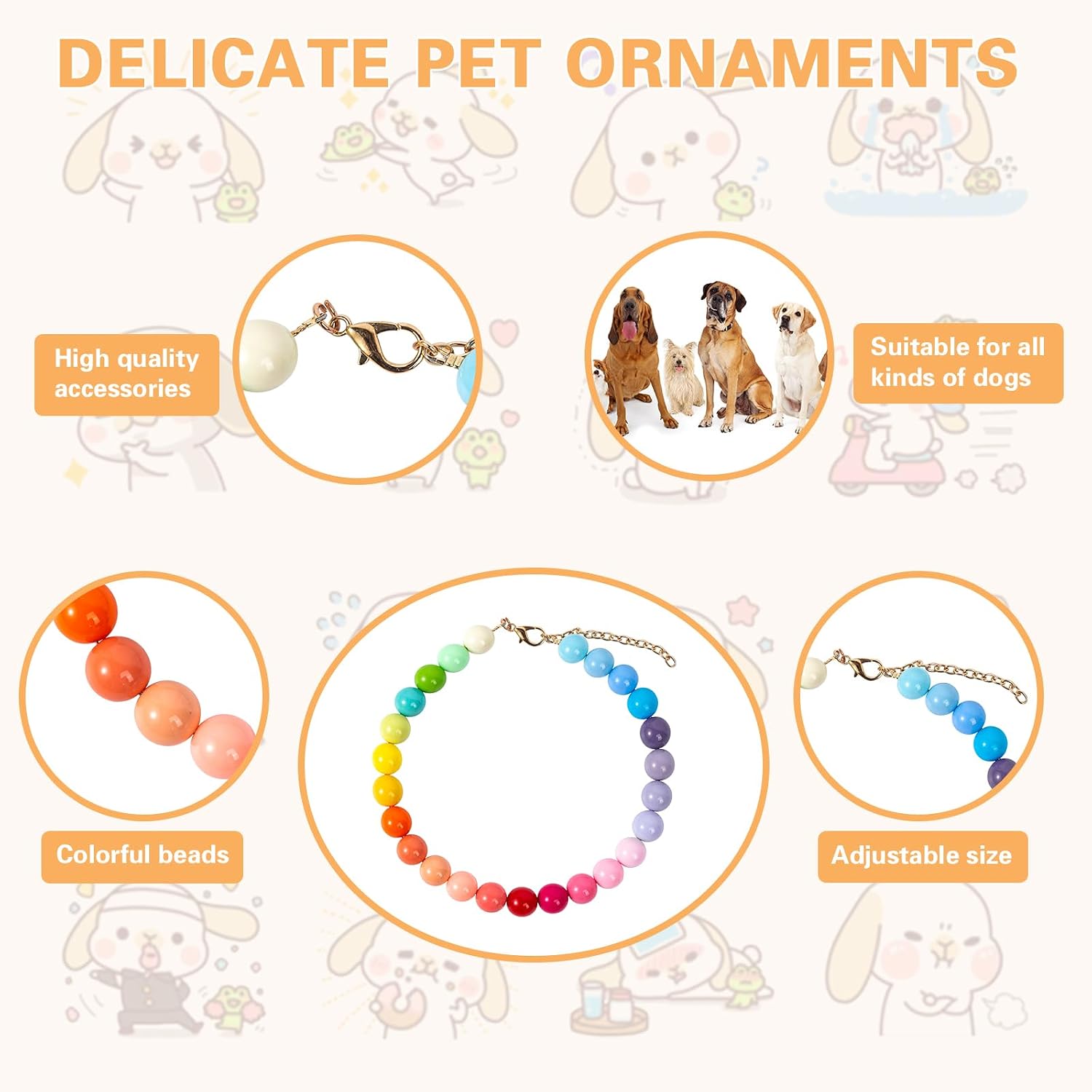 Pearl Collar Beaded Dog Collar Necklace Coloful Beads Adjustable Rhinestone Jewelry Pet Pearl Collar for Medium Large Dogs（22"+3",Multicolored image 4