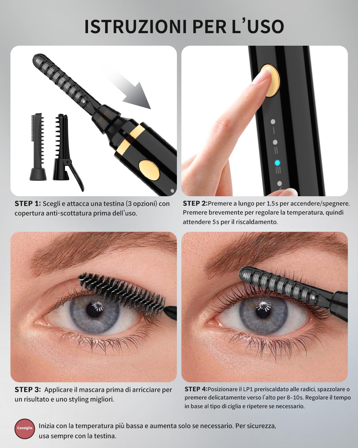 COPPA Piegaciglia Riscaldato, LP-1 Lipstick Type Piegaciglia Elettrico 3-in-1 con 3 Testine e 3 Modalità di Curling & 3 Temperature - Riscaldamento Rapido in 5s per Neofiti e Make-up Artist, Nero