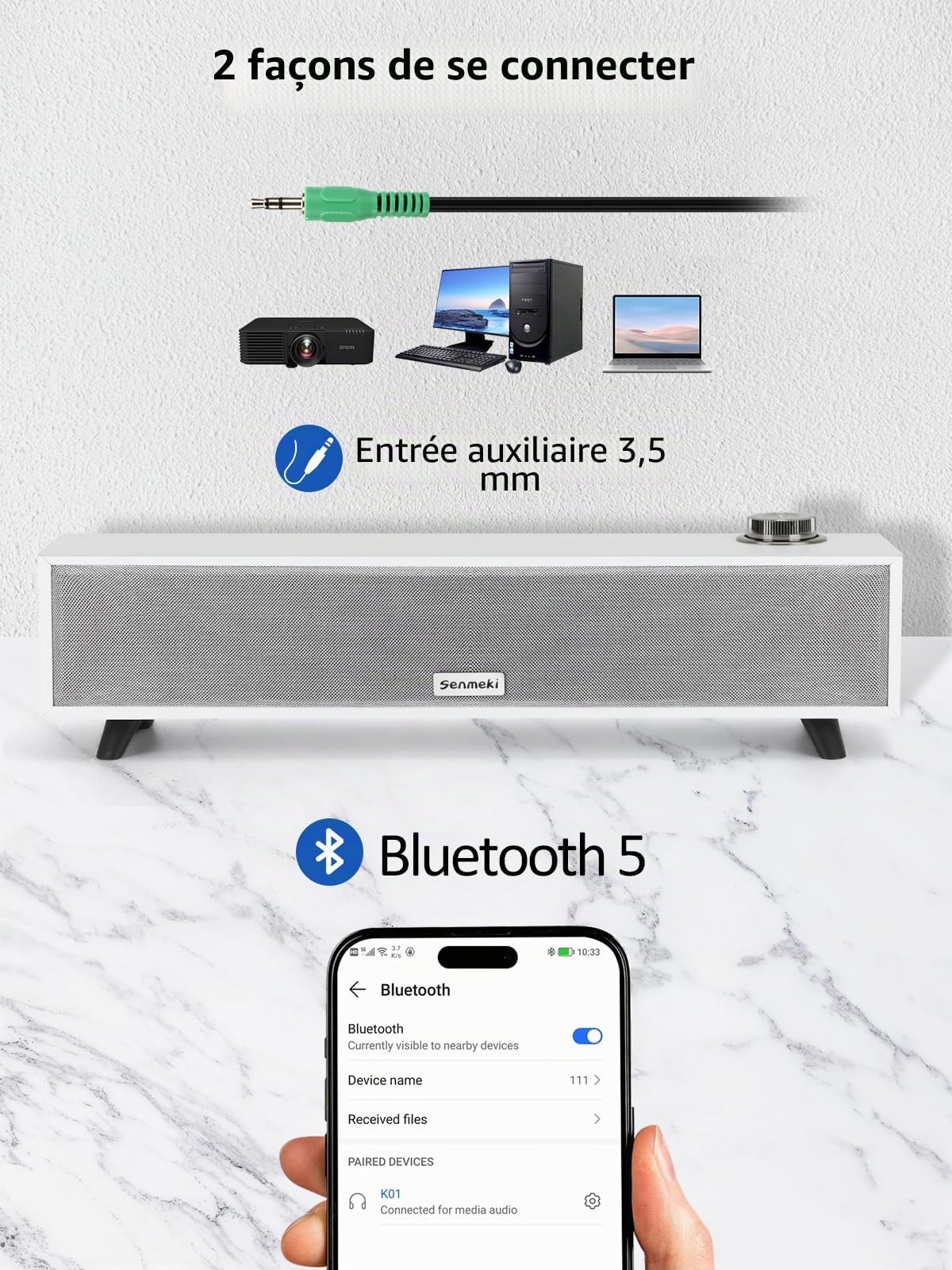 Haut Parleur PC,10W Enceinte PC, Barre de Son PC alimentées par USB, avec Bluetooth 5.0 et entrée RCA, pour Bureau, Ordinateurs Portables, Phonographe（K01）