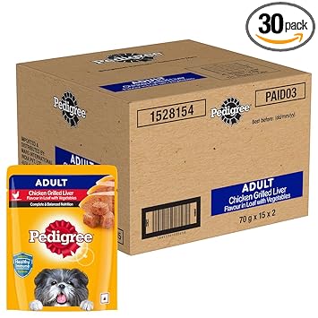 Pedigree Adult (1+ Years) Wet Dog Food, Chicken Grilled Liver in Loaf Flavour with Vegetables, 30 x70 g Pouches
