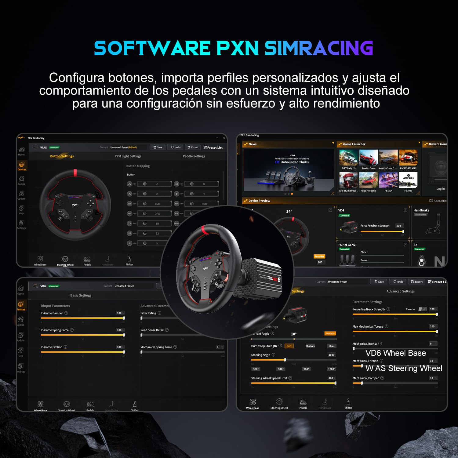 PXN VD6 Conjunto de Volante para Simracing 6 Nm – Base Servo de Baja Inercia, Volante de Carreras W AS, Pedales PD HM Hall y Abrazadera de Escritorio – Compatible solo con Windows 7 a 11 en PC | Base servo 6Nm con QR, volante 28cm, 2 pedales, mordaza, sop
