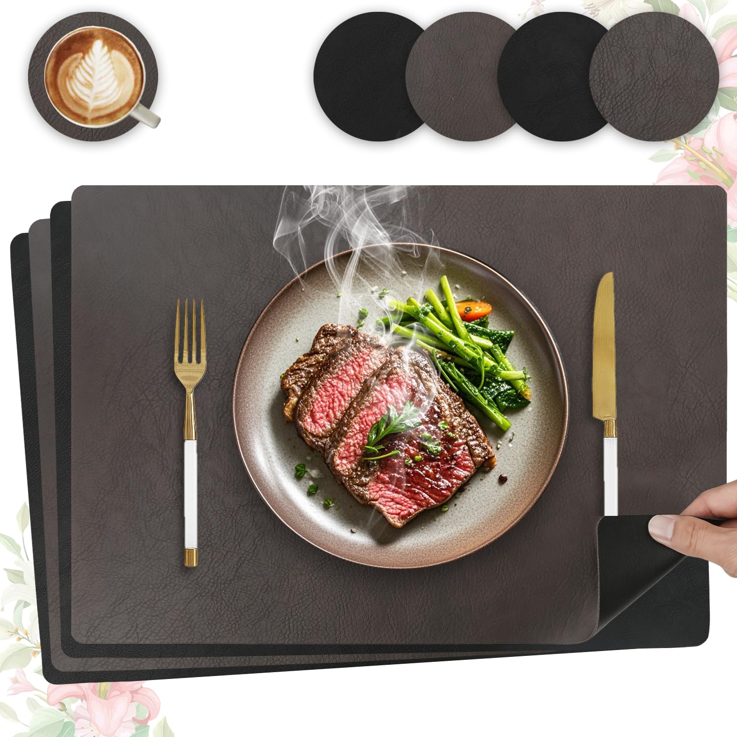 Heli MAIO Tischsets und Untersetzer 4er Set,Platzsets Abwaschbar und Doppelseitigen rutschfest Platzdeckchen,Tischset Leder Kunstleder,Platzdeckchen wasserdicht