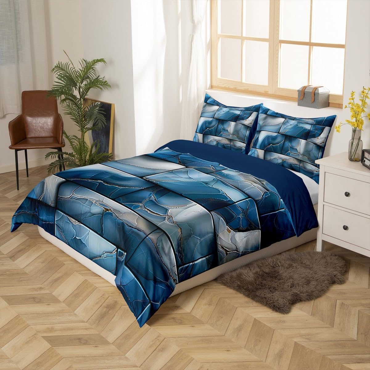 Erosebridal Blue Gray Checkered Bedding Set Toddler Size 3D Grids Duvet Cover for Boys Girls Navy Blue Marble Print Comforter Cover Stripes Decor Bedspread Cover for Teens Kids Lattice Decor Bedding
