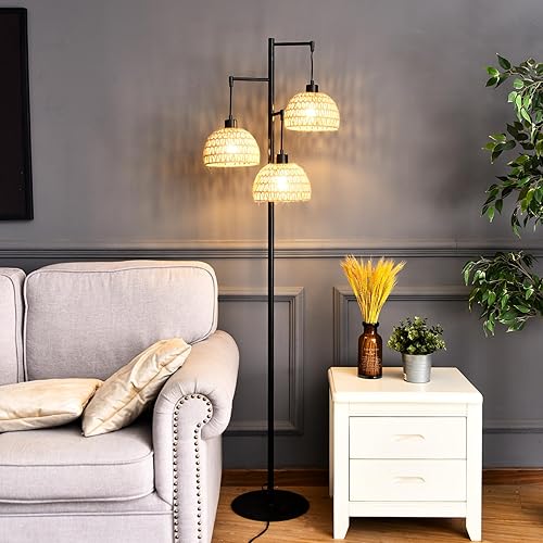 Miniatura 7 de QIYIZM Lámpara de pie para sala de estar, dormitorio, 3 luces, lámparas de pie de ratán bohemio, lámpara de pie negra industrial de granja, lámpara