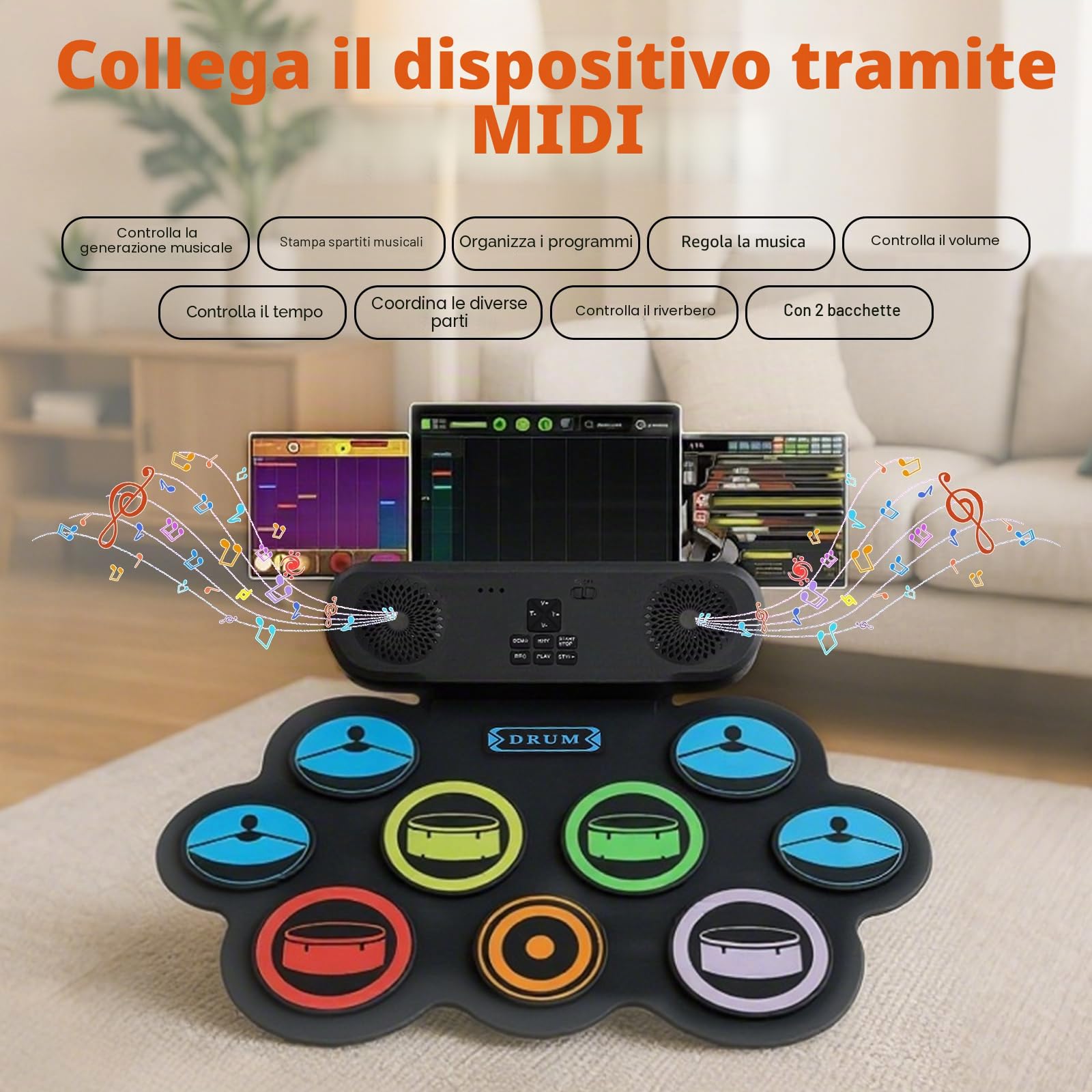 Kit di batteria elettronica Portatile con 9 Drum Pad,doppi altoparlanti stereo,Kit batteria arrotolabile con pedali e bacchette,supporto cuffie/Bluetooth/MIDI,Regalo per bambini principianti
