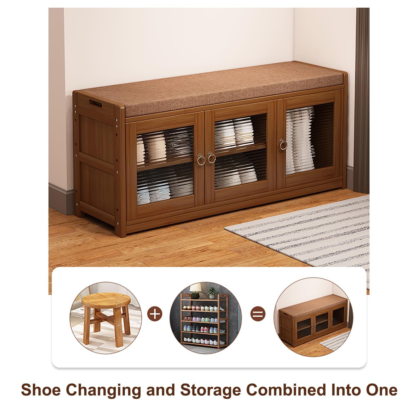 Taburete Almacenaje de Bambú, Banco de Entrada, Banco Almacenaje Dormitorio para Entrada, Baul Zapatero Adecuado para Vestíbulo, Pasillo, Dormitorio, etc.(Rattan Door,70cm/27.5in)