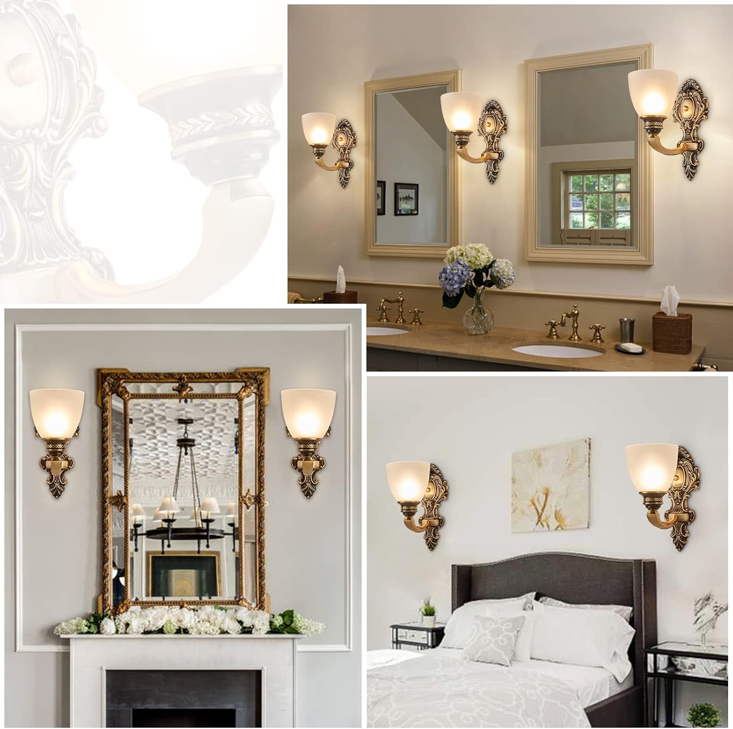 NOXARTE 2 Pack Vintage Wall Sconce Brass Wall Mounted Light Ceiling Fixture with Milk White Glass Shades for Living Room Bedroom Hallway