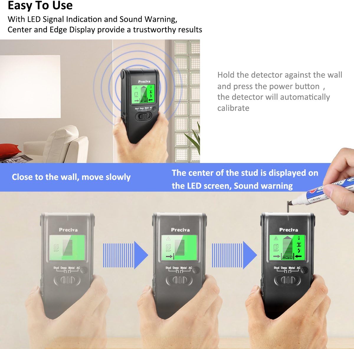 Stud Finder, Preciva Wall Scanner Multifunctional Wall Detector with Digital LCD Display and Sounding Warning for Studs, Wood, Metal, and AC Wires Detection (Black)