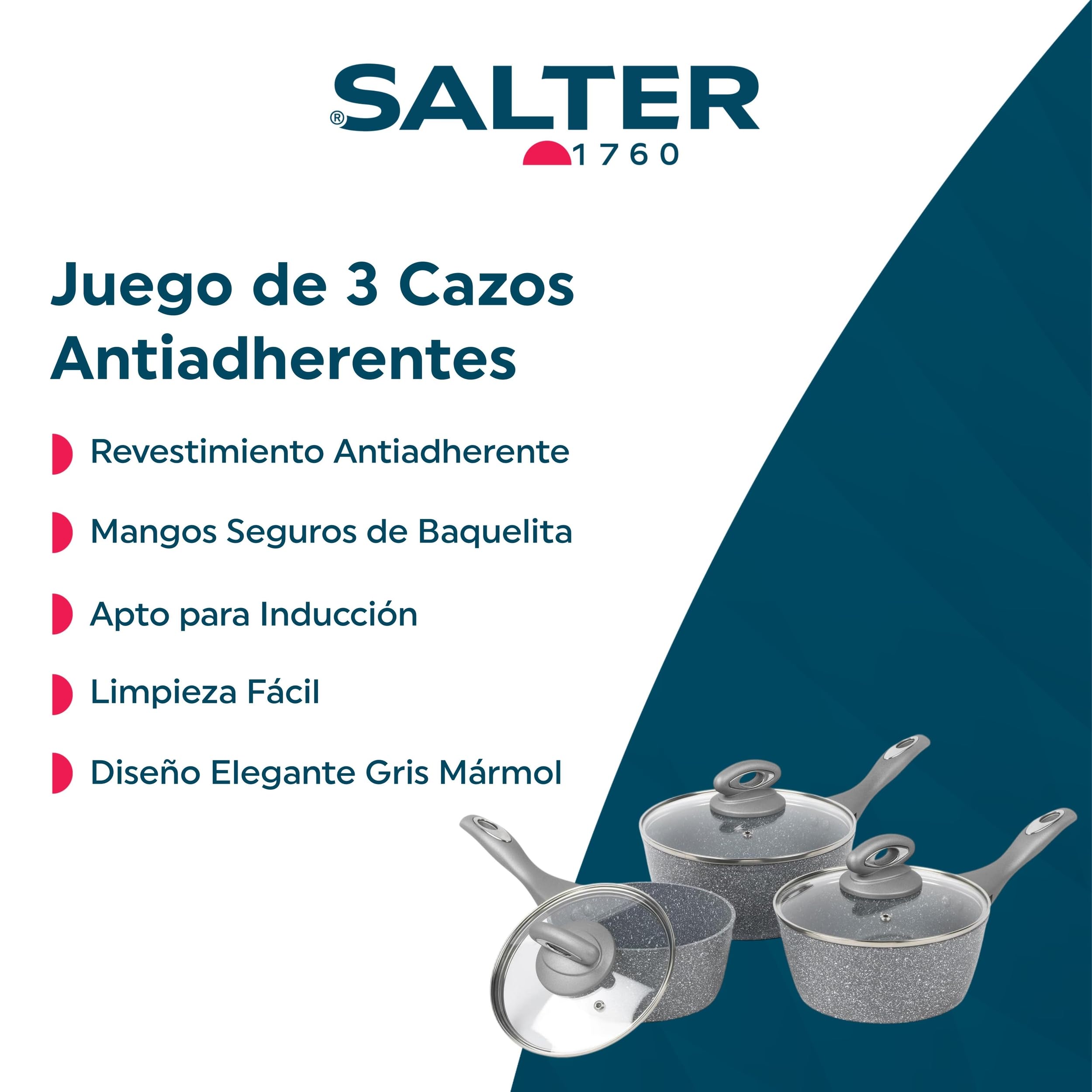 Salter BW02986G Juego De 3 Cazos De Cocina, 16/18/20 cm, Hecho De Aluminio Forjado Antiadherente, Cacerolas Con Mangos De Silicona Baquelita, Sin PFOA, Apto Para Inducción Y Lavavajillas, Gris Mármol