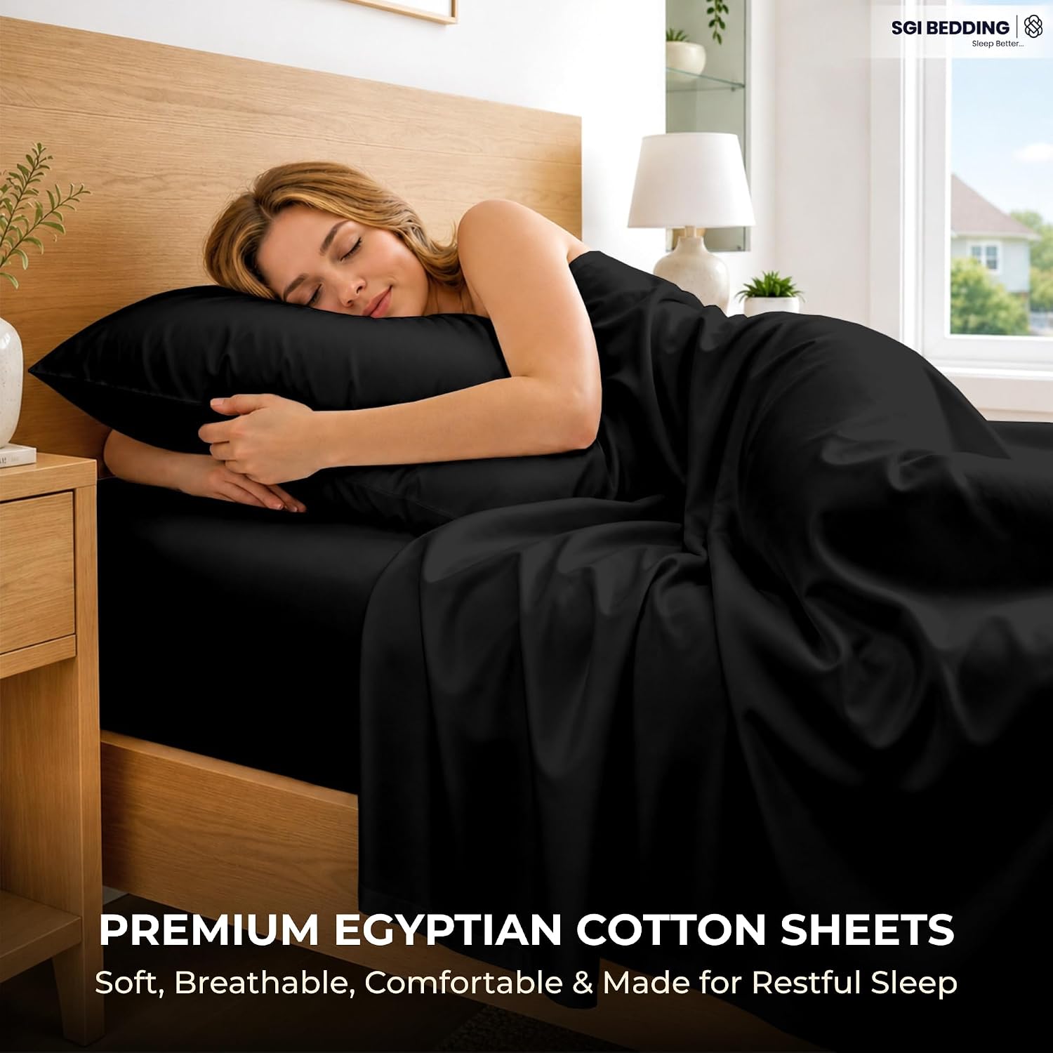 SGI bedding 100% Egyptian Cotton Sheets Queen Size – 600 Thread Count Sheets Set, Soft, Cooling, 15" Deep Pocket, Luxury Hotel Bedding, Breathable, Durable - Black