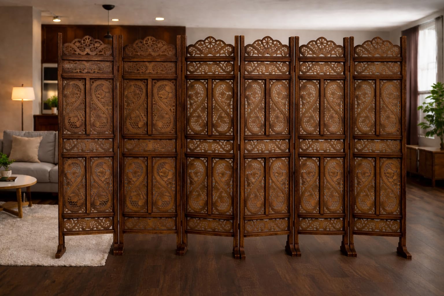 Home & Goods International Wooden Room Divider Partition Privacy Screen Divider for Studio, Living Room, Office, Puja Room | S Design - Mansion Wax Polish with Glossy - Brown (6 Panel with Stand)-image-43