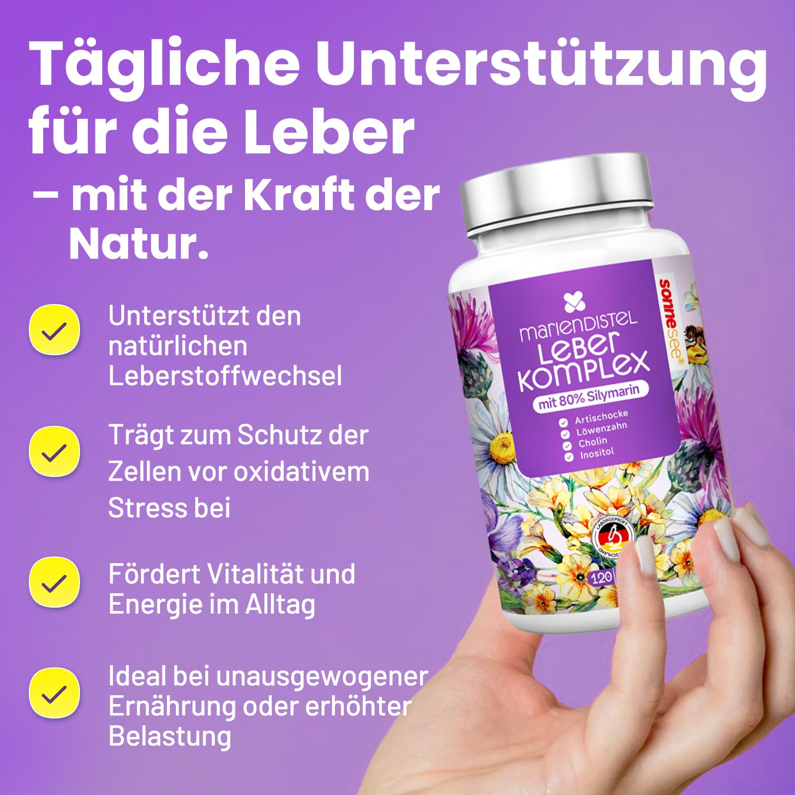 Leber Komplex 8-in-1 Mariendistel 120 Kapseln, Hochdosiert mit 80% Silymarin, Artischocke, Löwenzahn, Inositol Cholin trägt zu einem normalen Fettstoffwechsel bei Vegan