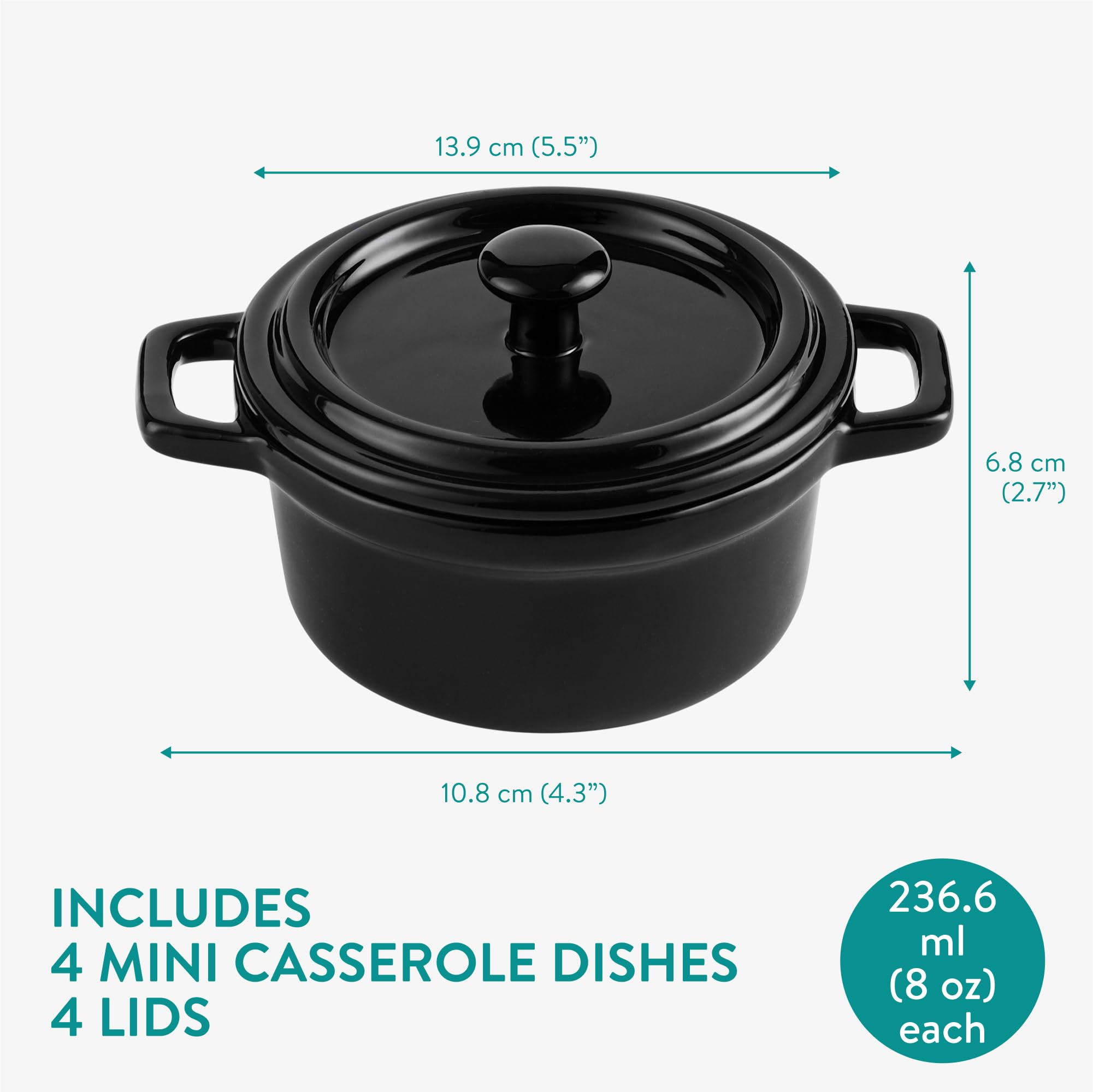 Navaris Mini Cazuelas de Cocina - 4x Cacerola Horno con Tapa de Cerámica - Cazuelitas Individuales 14 x 11 x 7 cm - Cacerolas para Lasagna Postres Sopas - 4x Cazuela Cocotte Negra